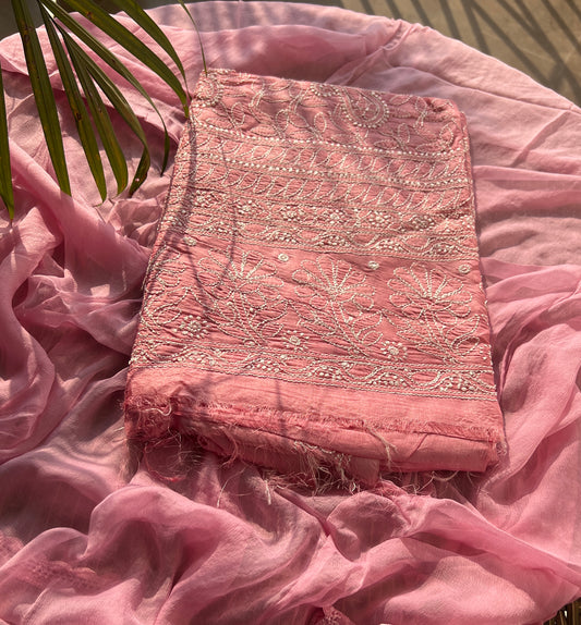 Tussar silk Chikankari embroidered kurta with chiffon dupatta