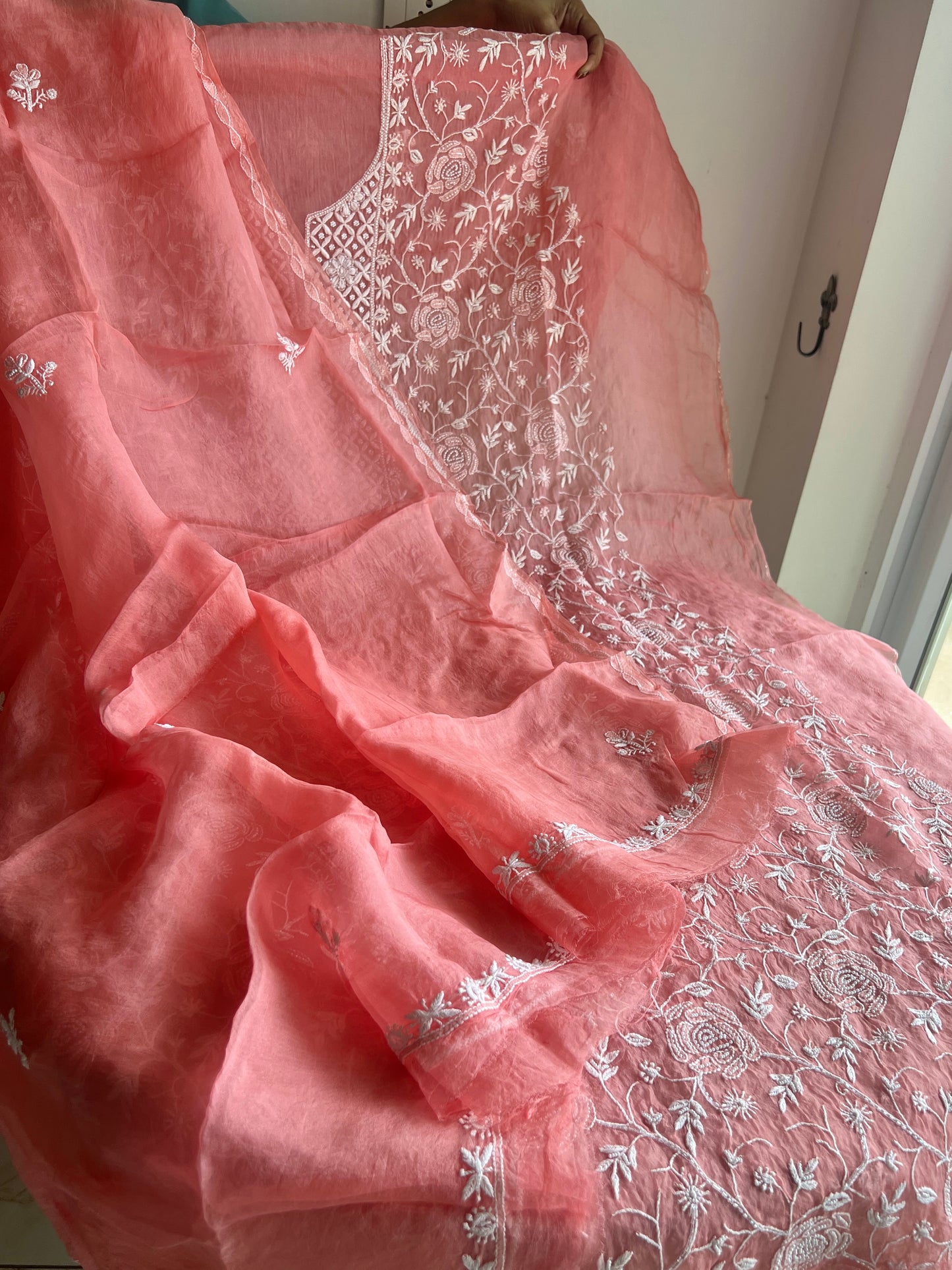 Gajri chikankari pearl cut Dana work pure Organza kurta with dupatta