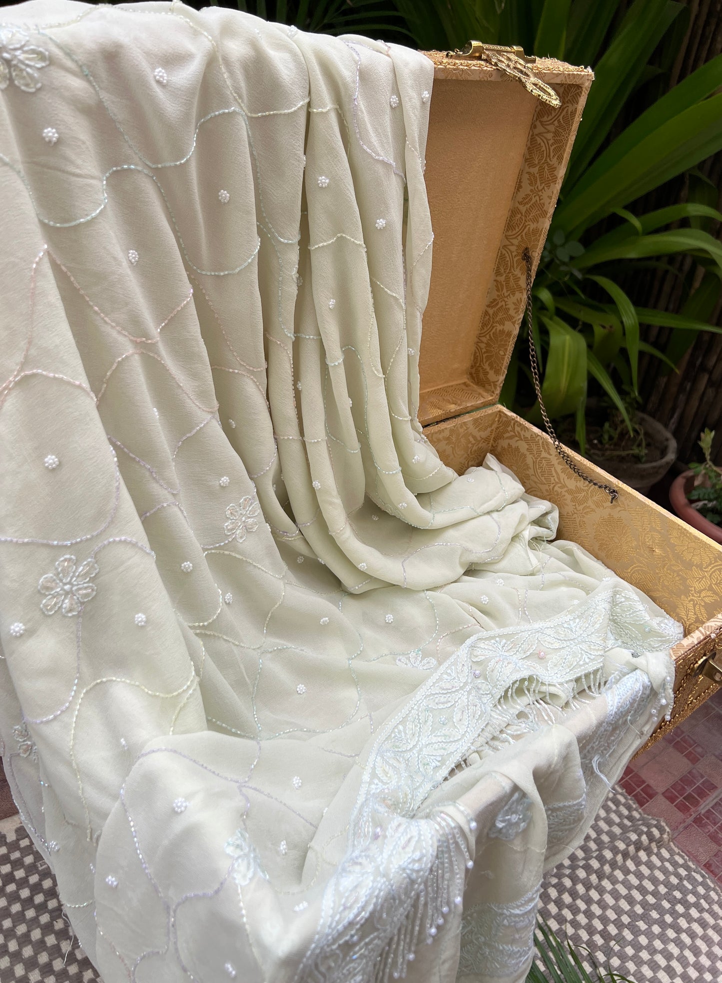 Pastel pista green multi cut dana sequins kurta and dupatta
