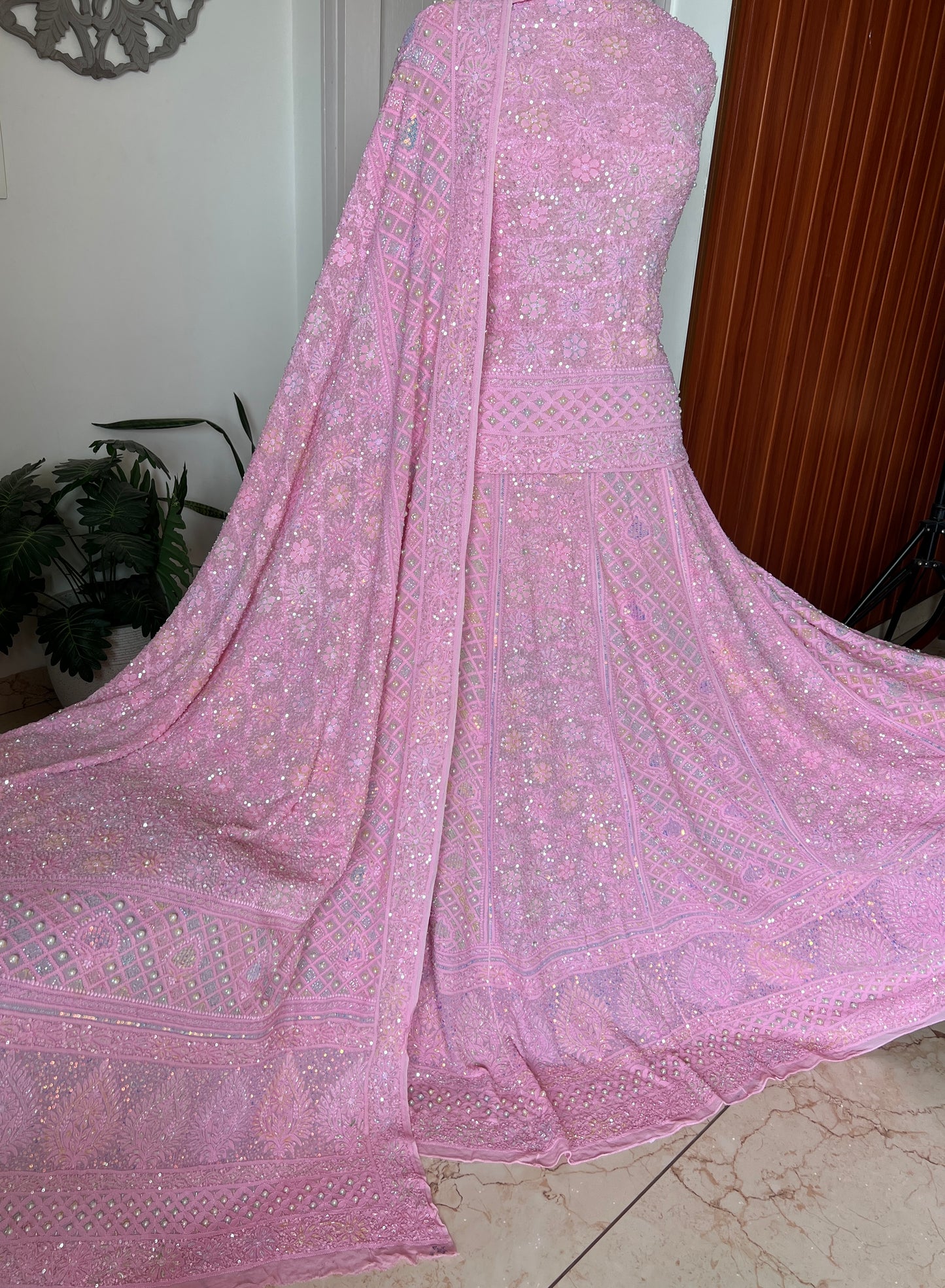 Ruhani Rose Pink Chikankari Multicolored Cut Dana Sequins Lehenga