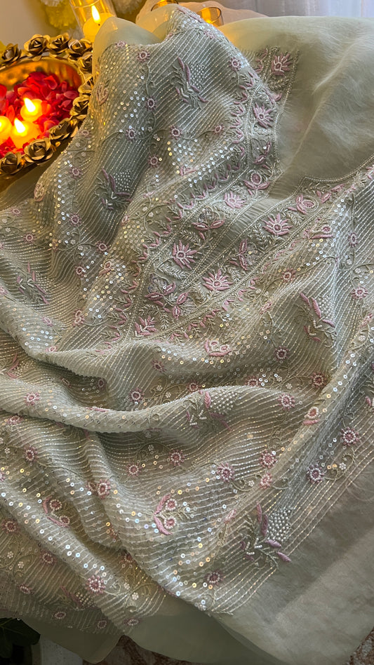 Ruhani Mint Green Chikankari & heavy Sequins pure Organza kurta with dupatta
