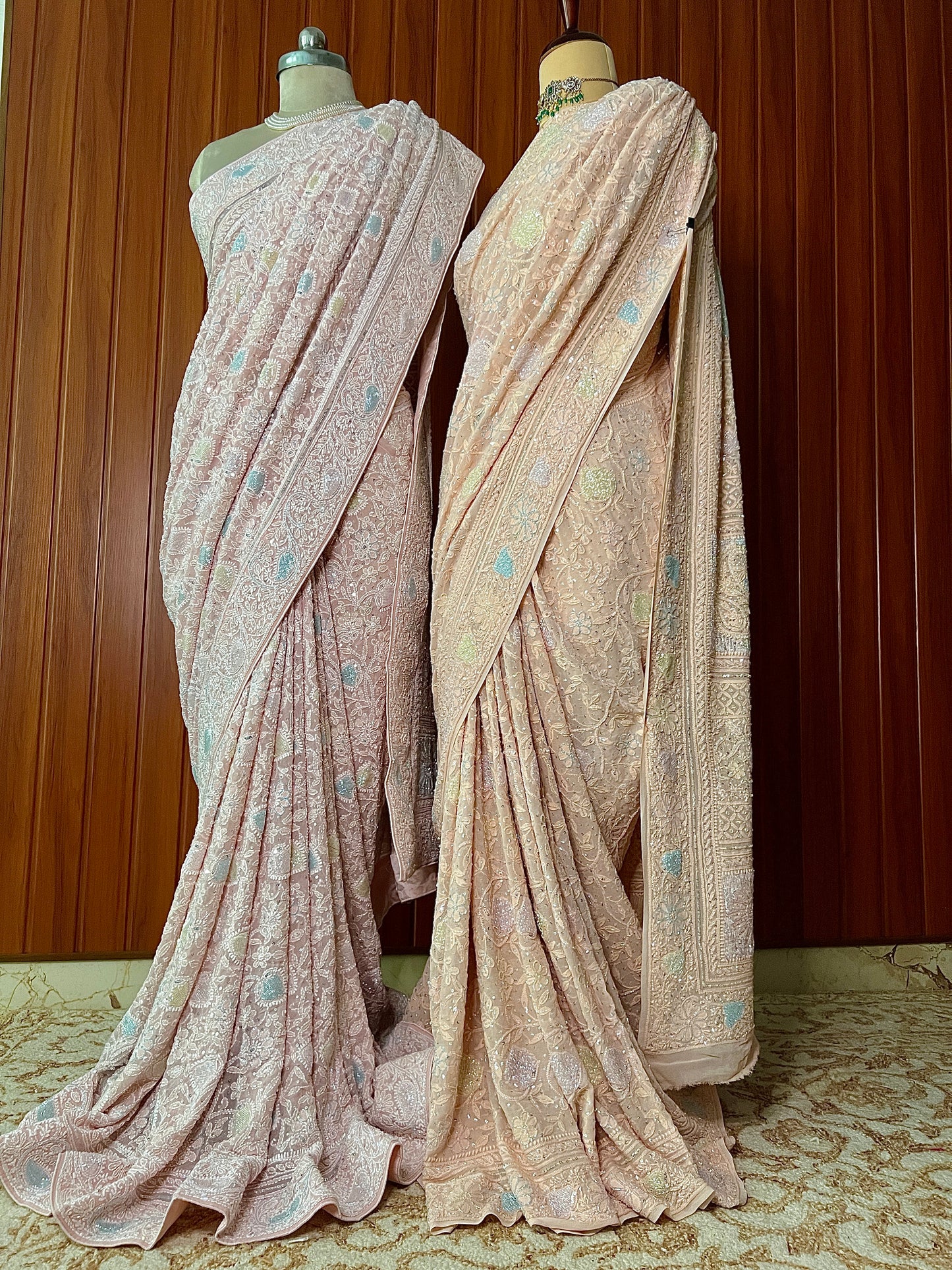 Ruhani Light Pink Chikankari Multi Cut Dana and Sequins Saree