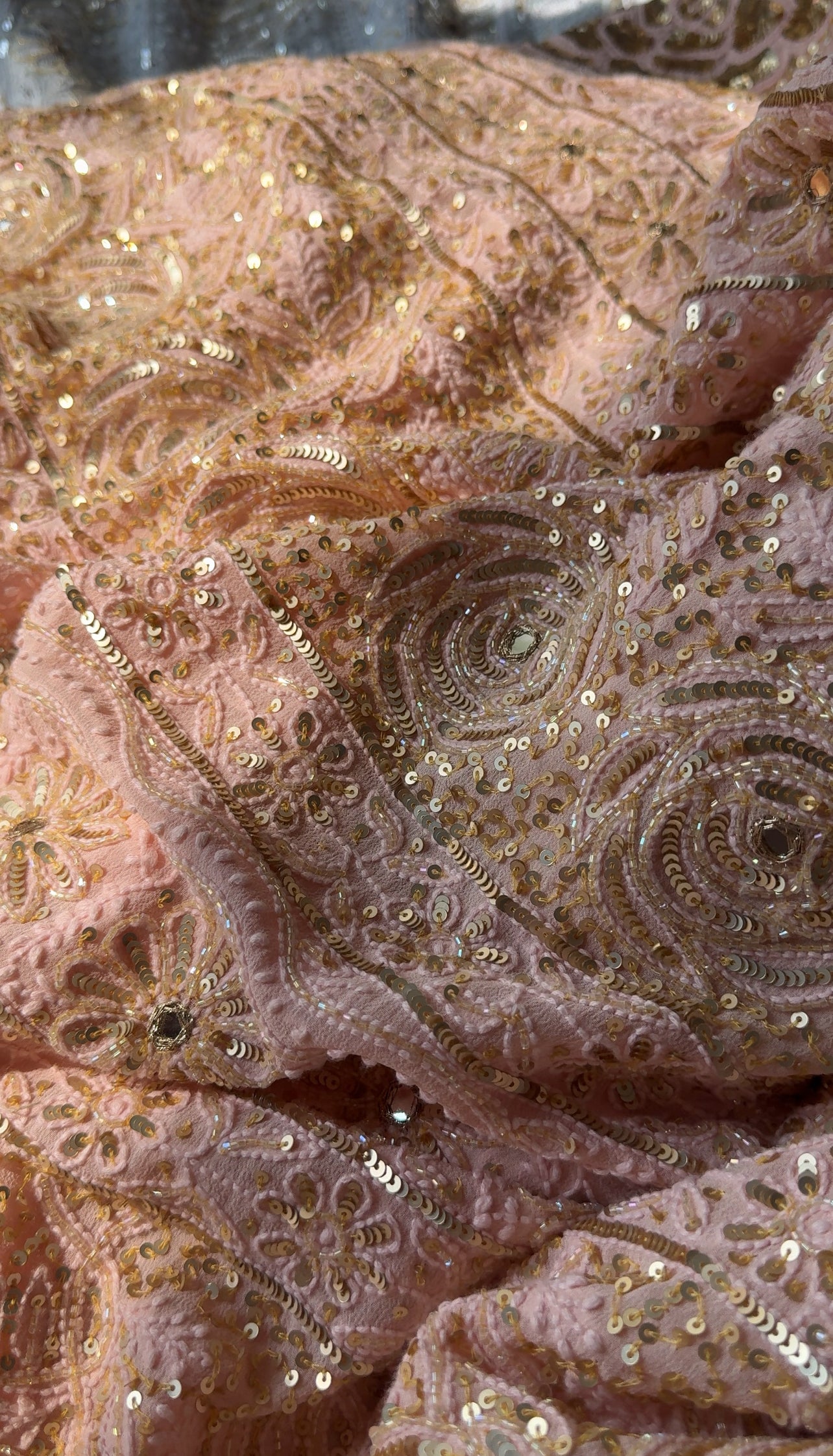 Ruhani Blush Peach Chikankari Sequins Cut Dana Embroidered Masterpiece Saree