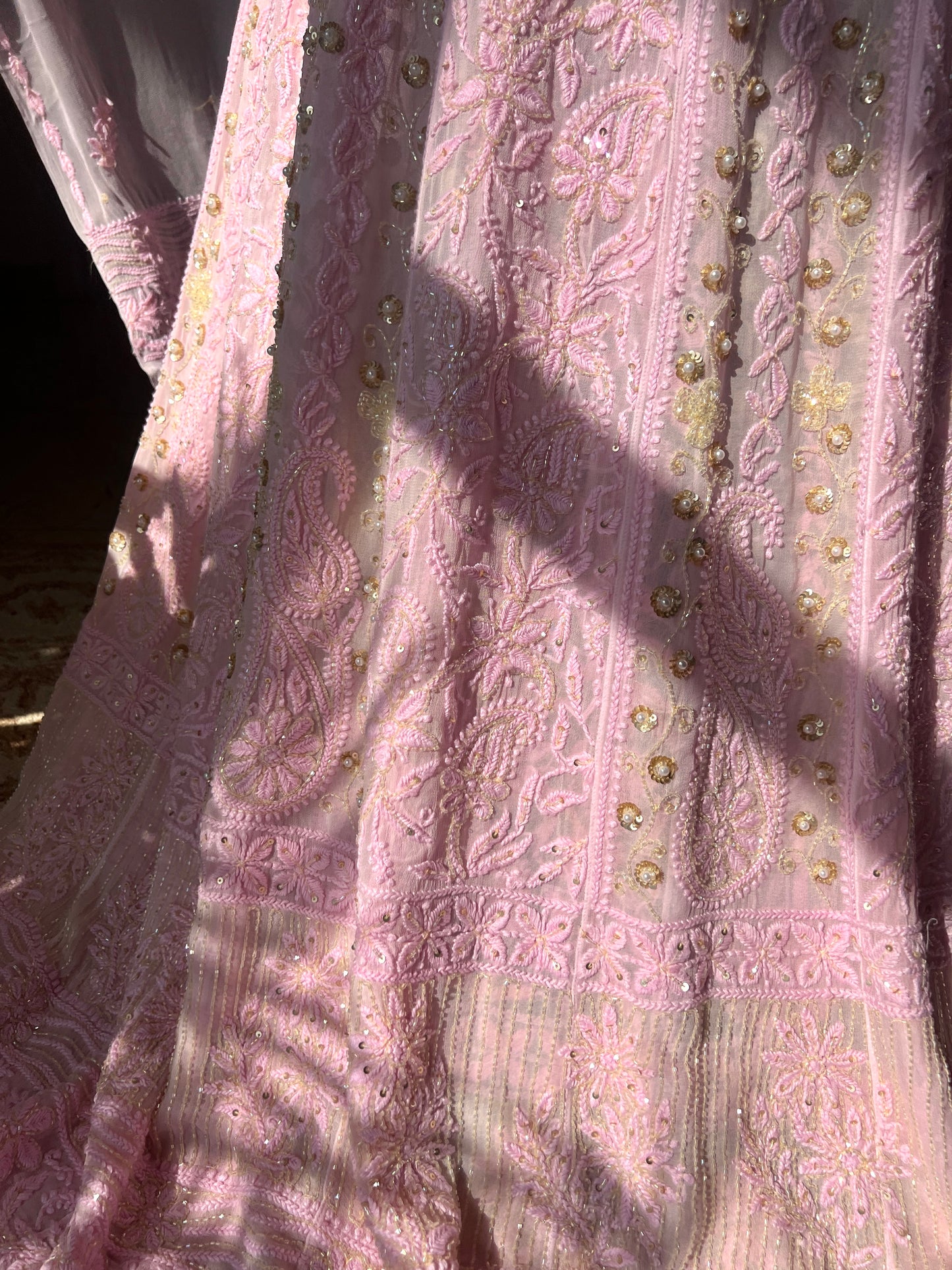 Pretty pink Chikankari Sequins Cut Dana pearl Anarkali