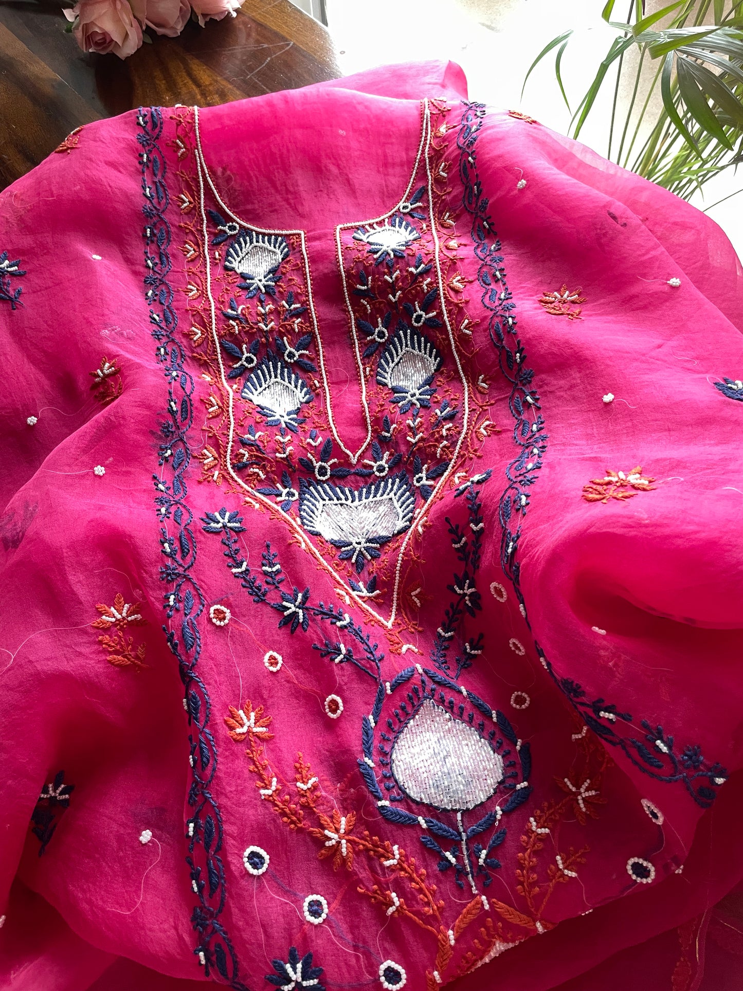 Hot Pink Chikankari pearl sequins pure Organza kurta with dupatta