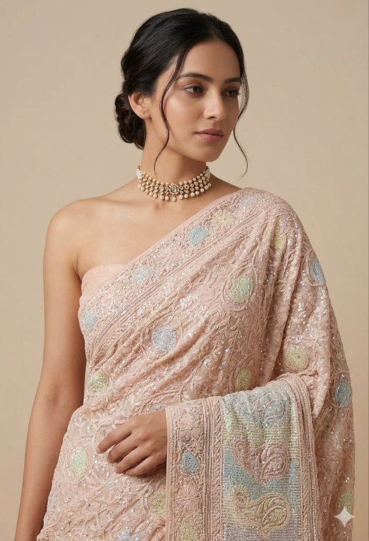 Ruhani Dusty peach Chikankari Multi Cut Dana and Sequins Saree