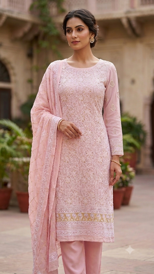 Ruhani Pink pure chiffon Chikankari cut dana and sequins kurta and dupatta