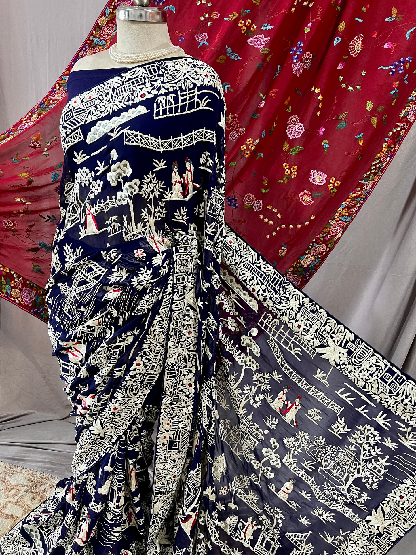 Navy Blue Masterpiece Chinese pattern Parsi Gara Pure Georgette Saree