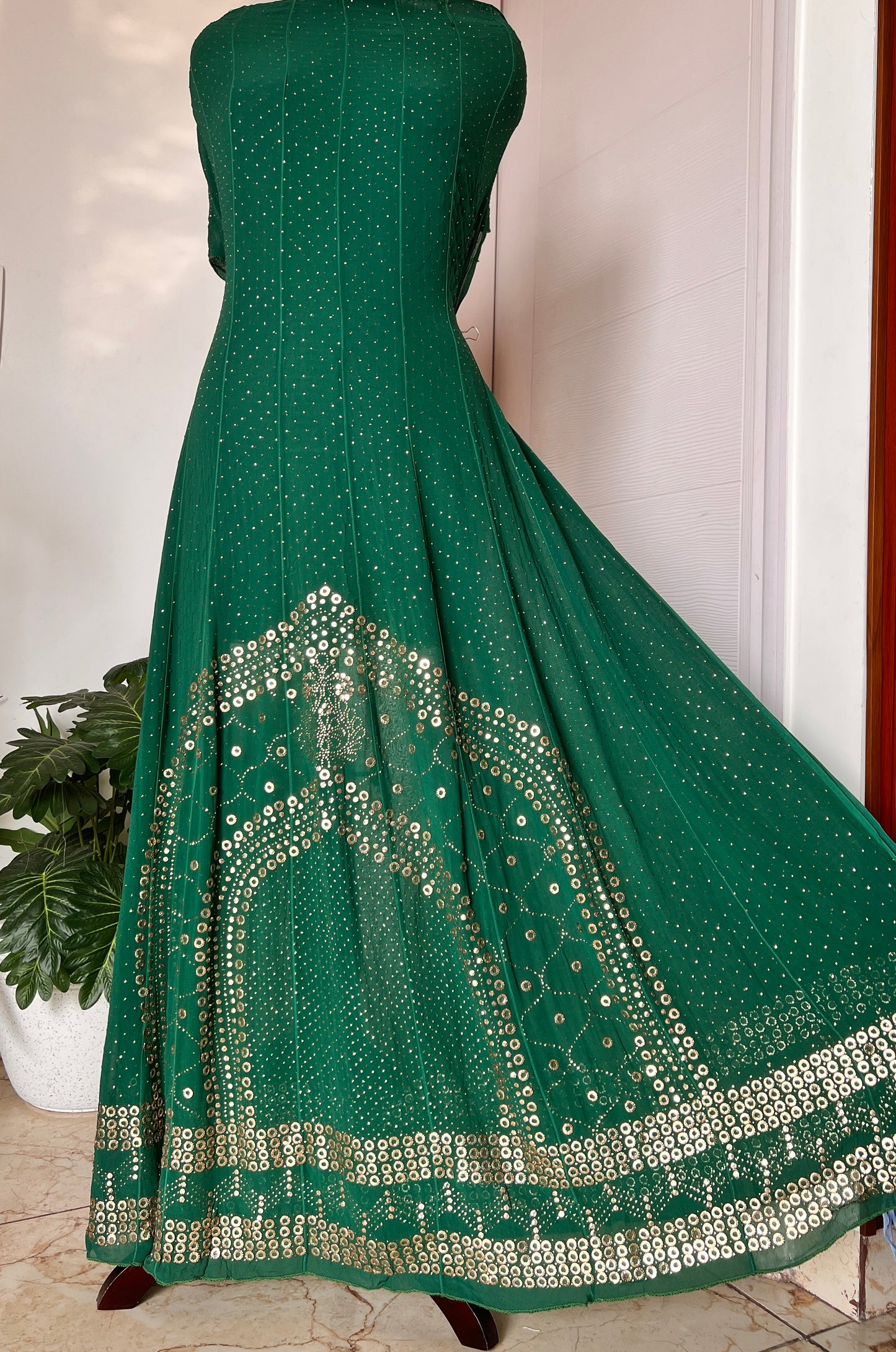 Bottle green designer Mukaish Georgette Anarkali with Dupatta
