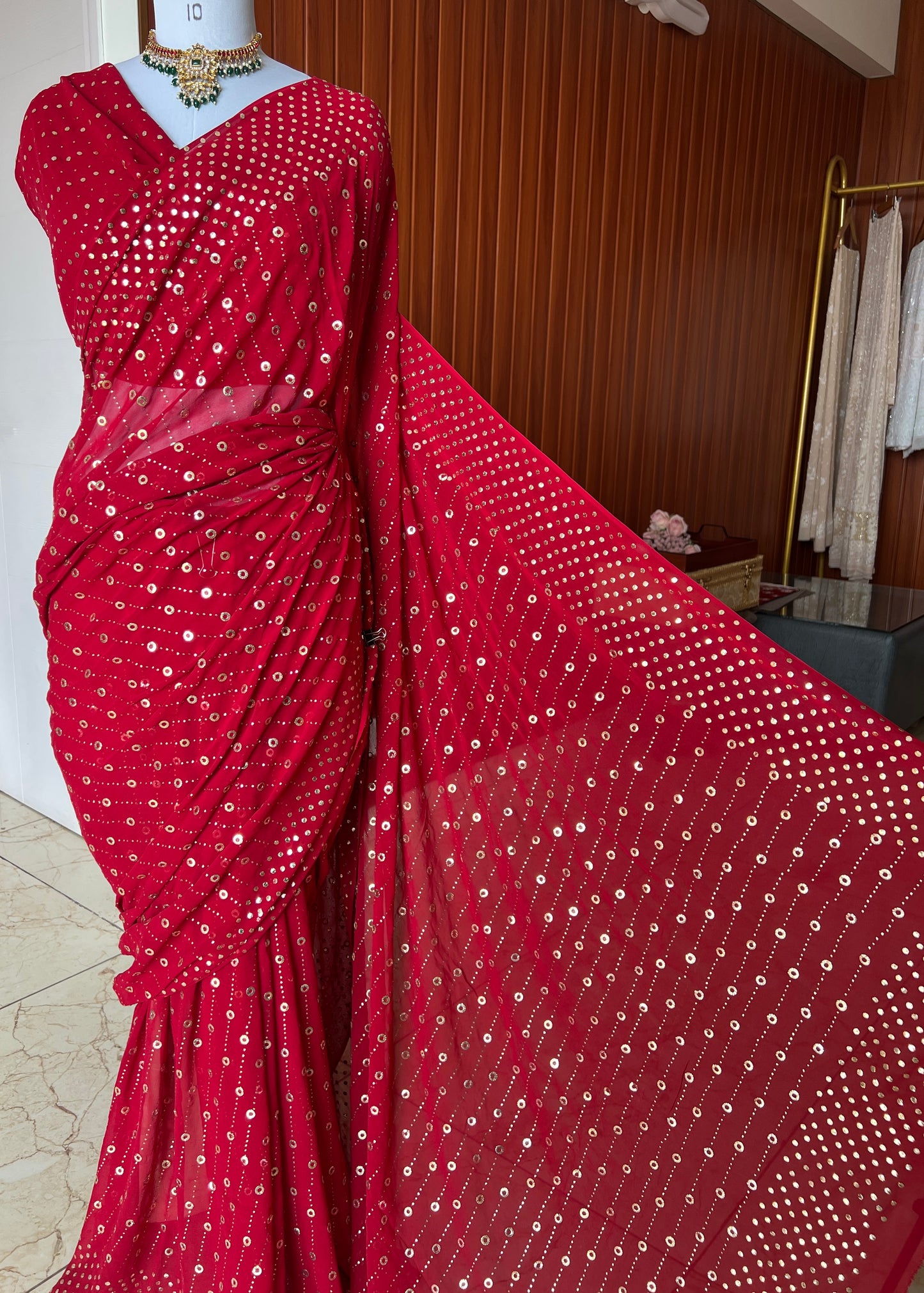 Ruhani Crimson Red Allover Mukaish Pure Georgette Saree