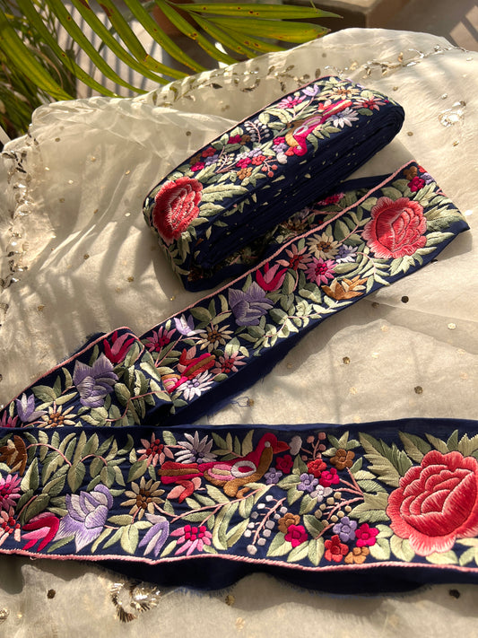 Blue hand embroidered parsi gara border
