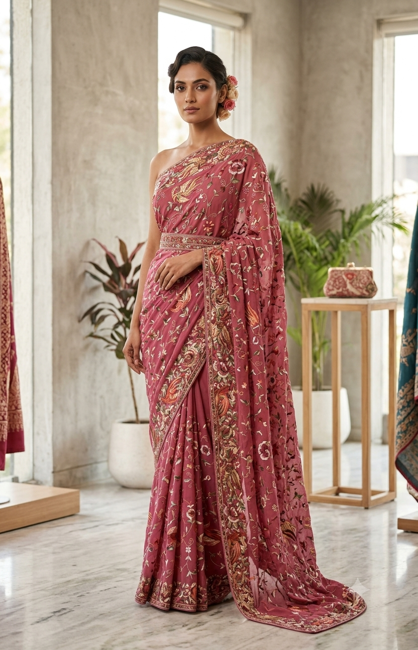 Deep Raspberry Pink Masterpiece Parsi Gara Saree