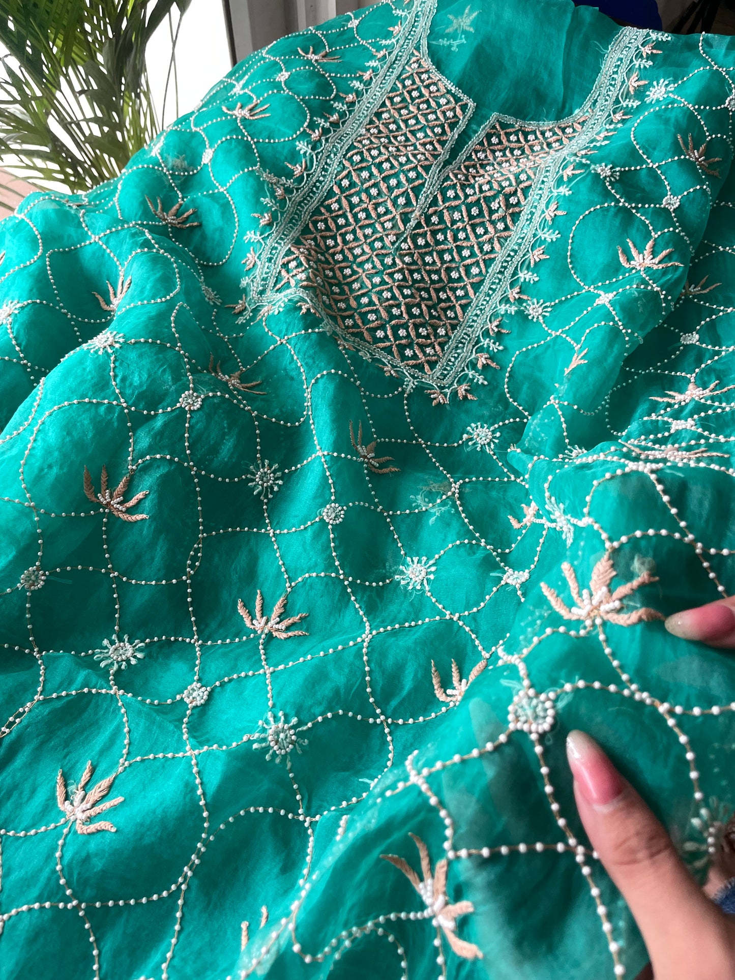 Turquoise green Chikankari pearl cut Dana pure Organza kurta with dupatta