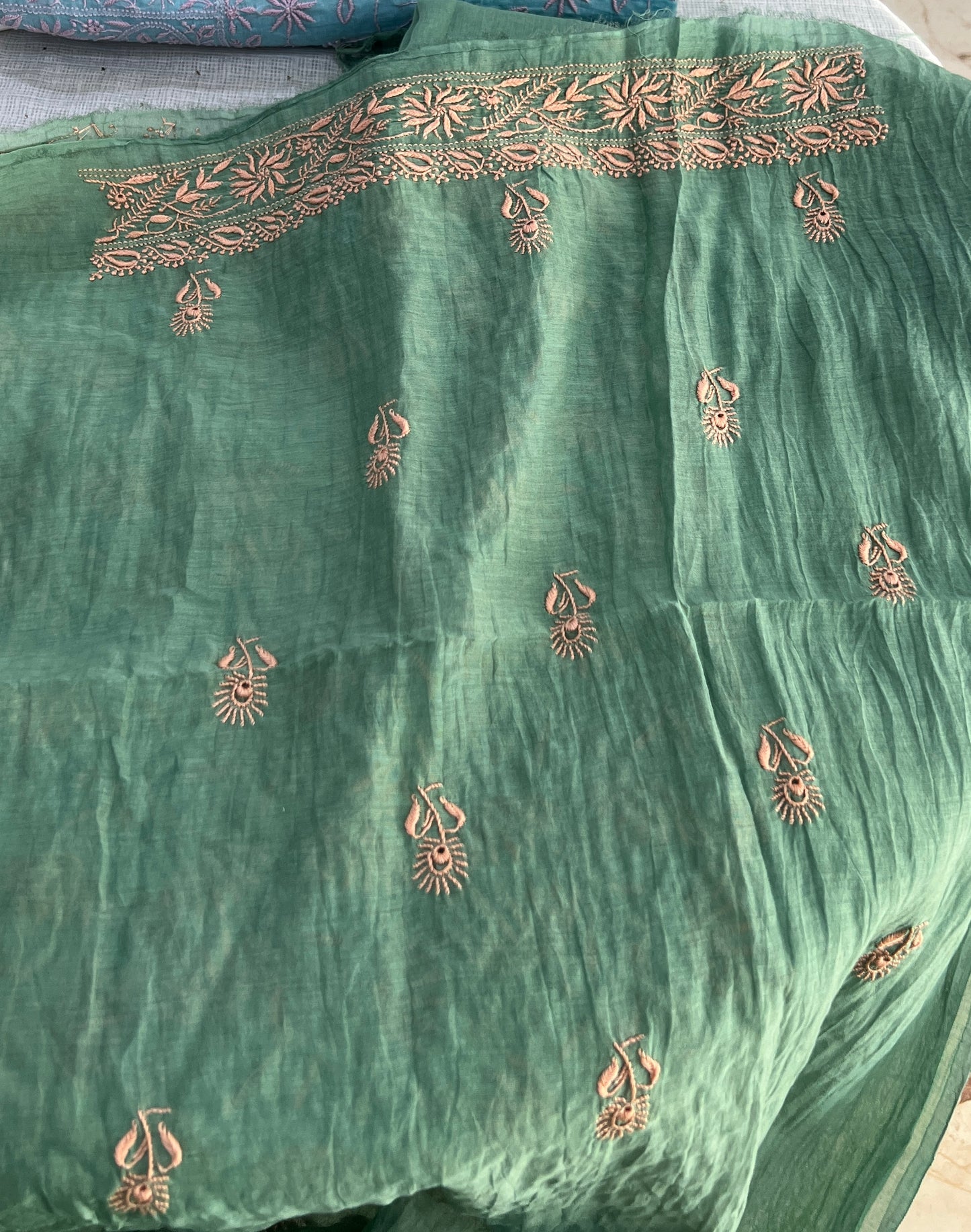 Emerald green Mul chanderi Chikankari embroidered kurta and dupatta