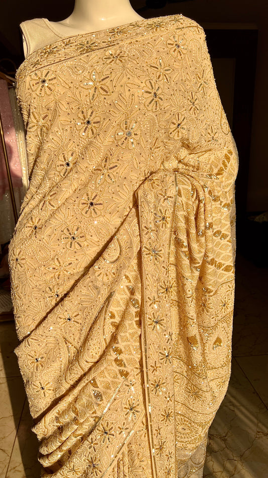 Ruhani Golden Beige Chikankari Sequins Cut Dana Embroidered Masterpiece Saree