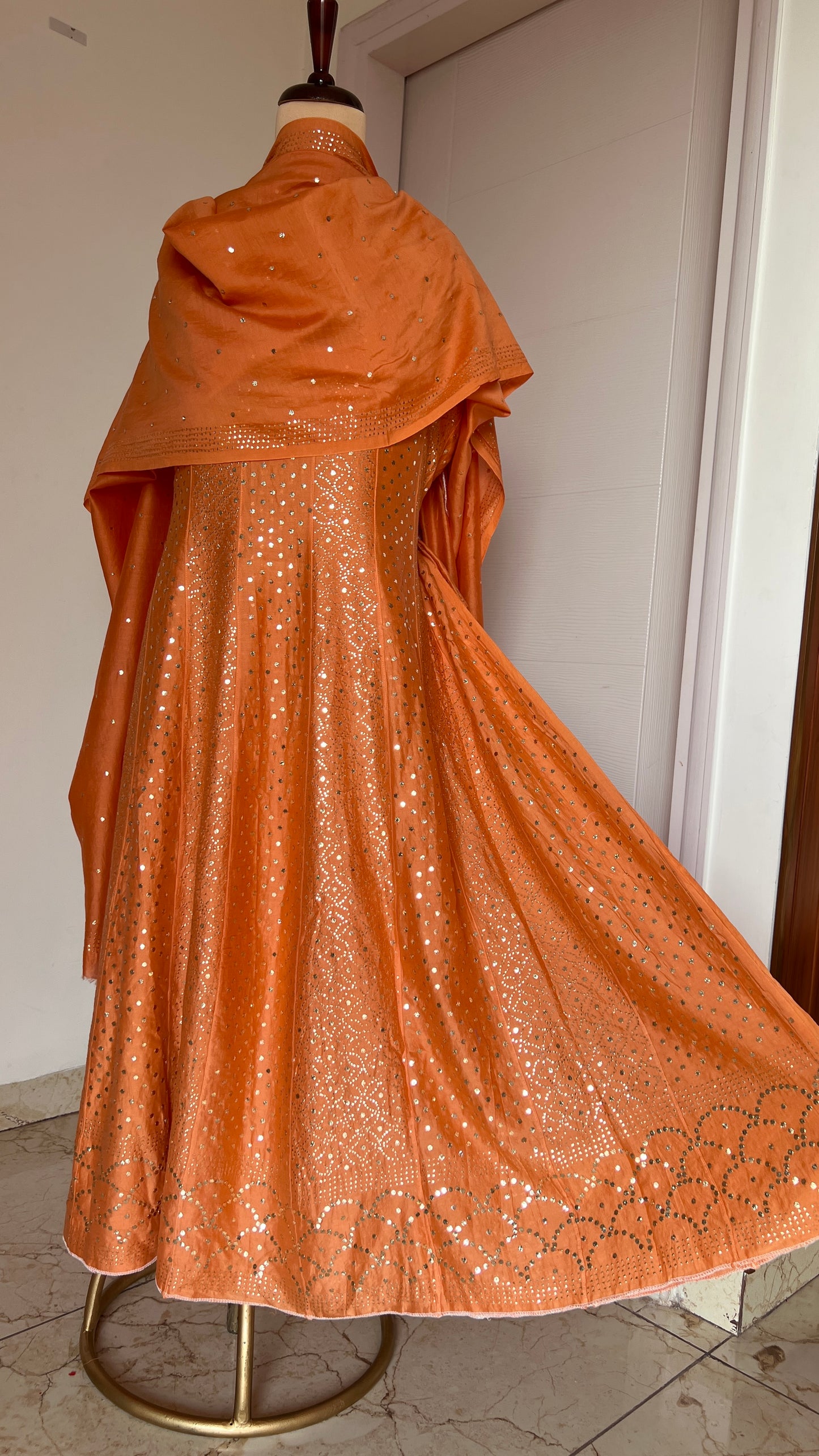 Orange Allover Heavy Mukaish Chanderi Silk Anarkali with Dupatta