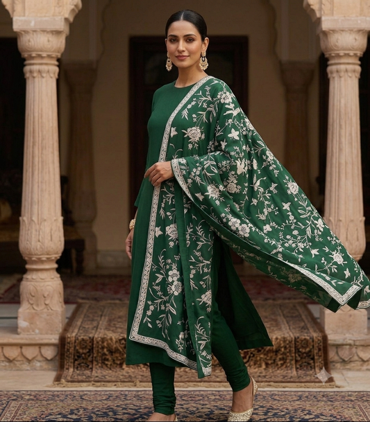 Bottle Green Parsi Gara Hand Embroidered Dupatta