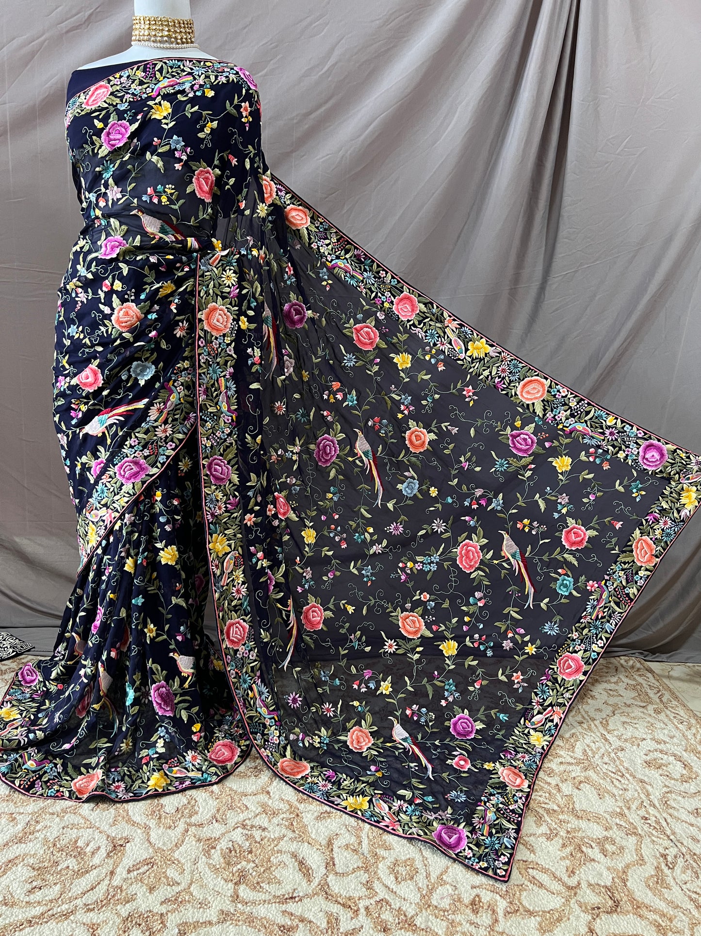 Midnight Blue Masterpiece Parsi Gara Pure Georgette Saree