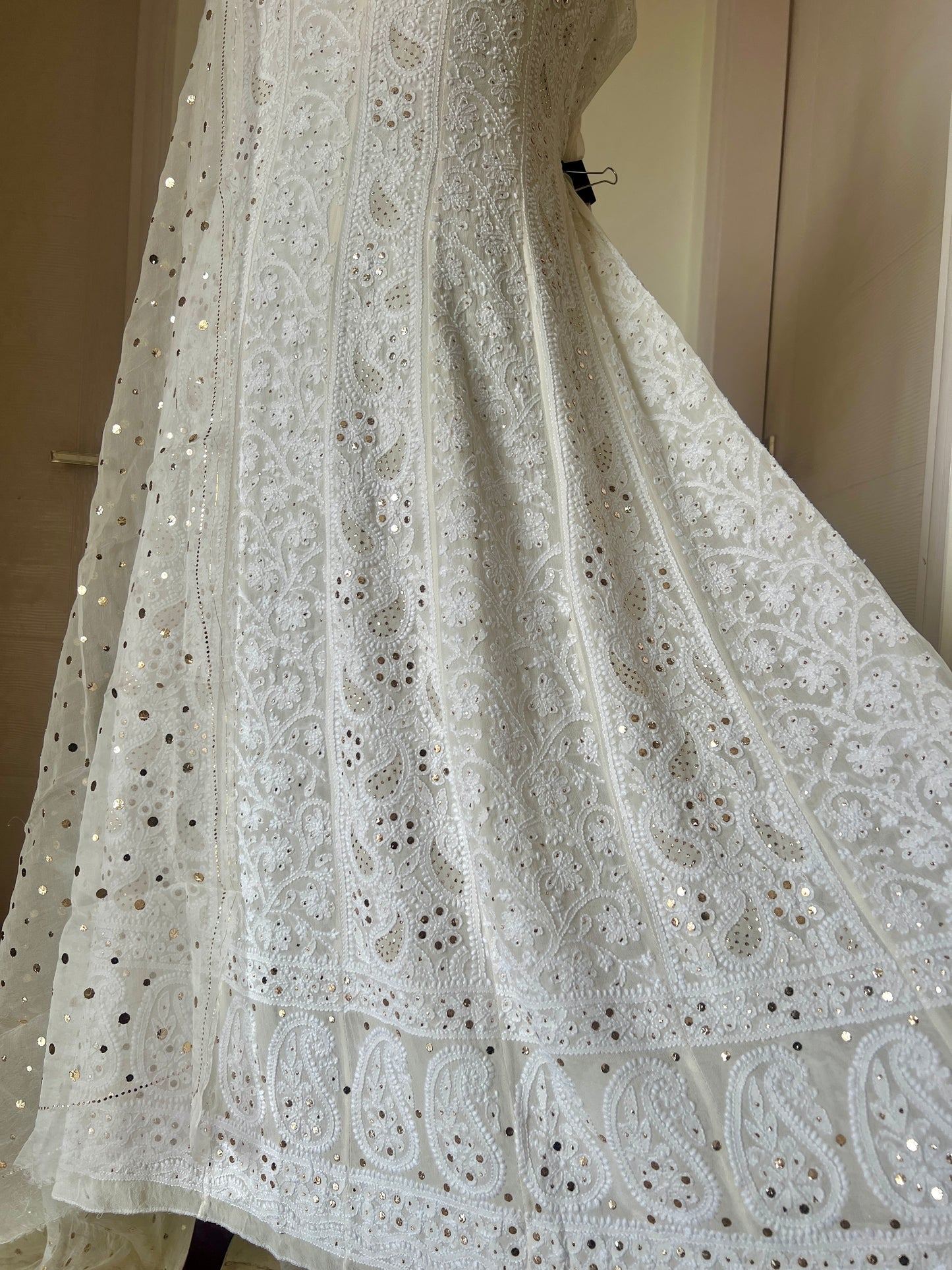 Chikankari and mukaish anarkali with organza dupatta
