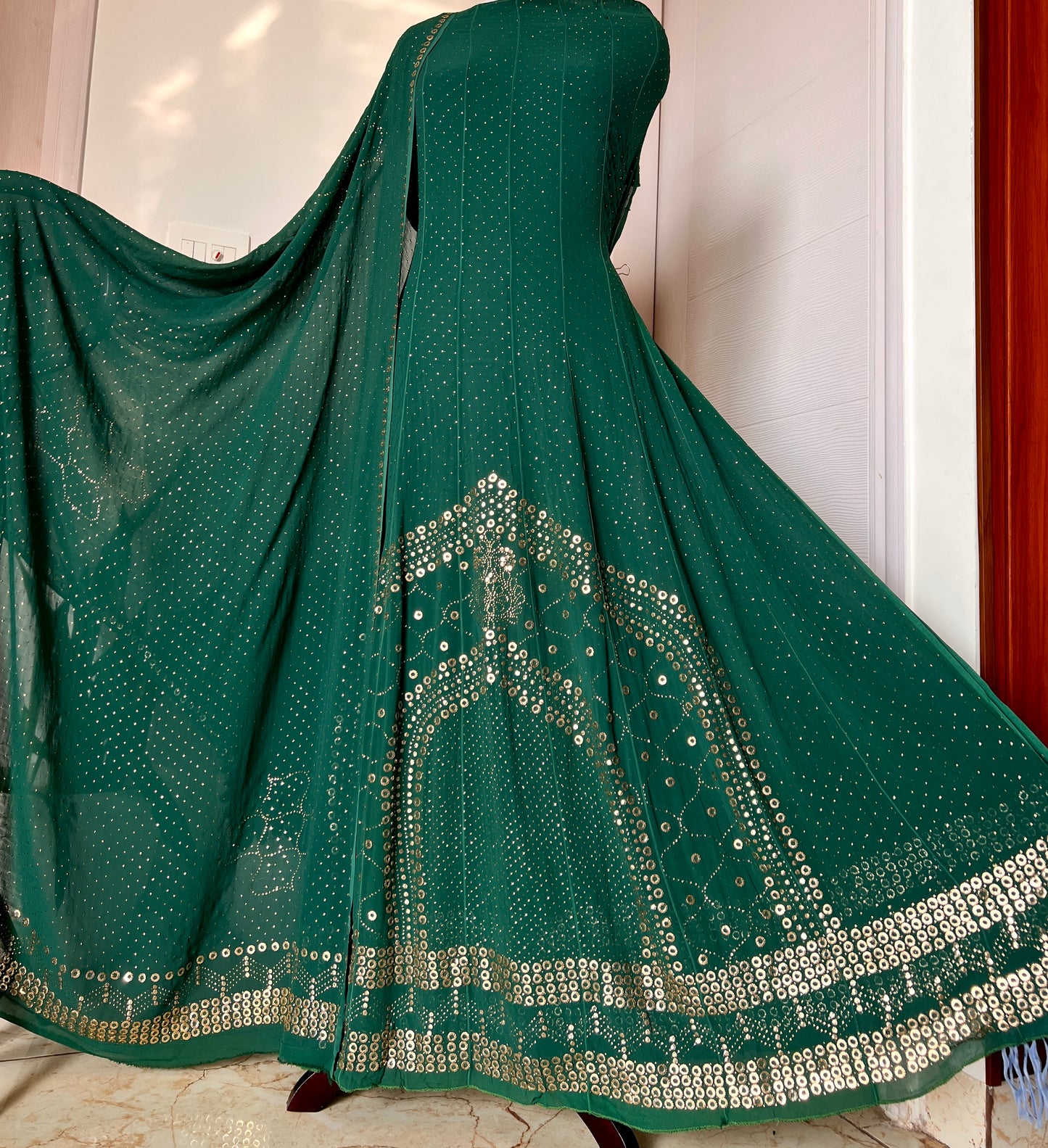 Bottle green designer Mukaish Georgette Anarkali with Dupatta