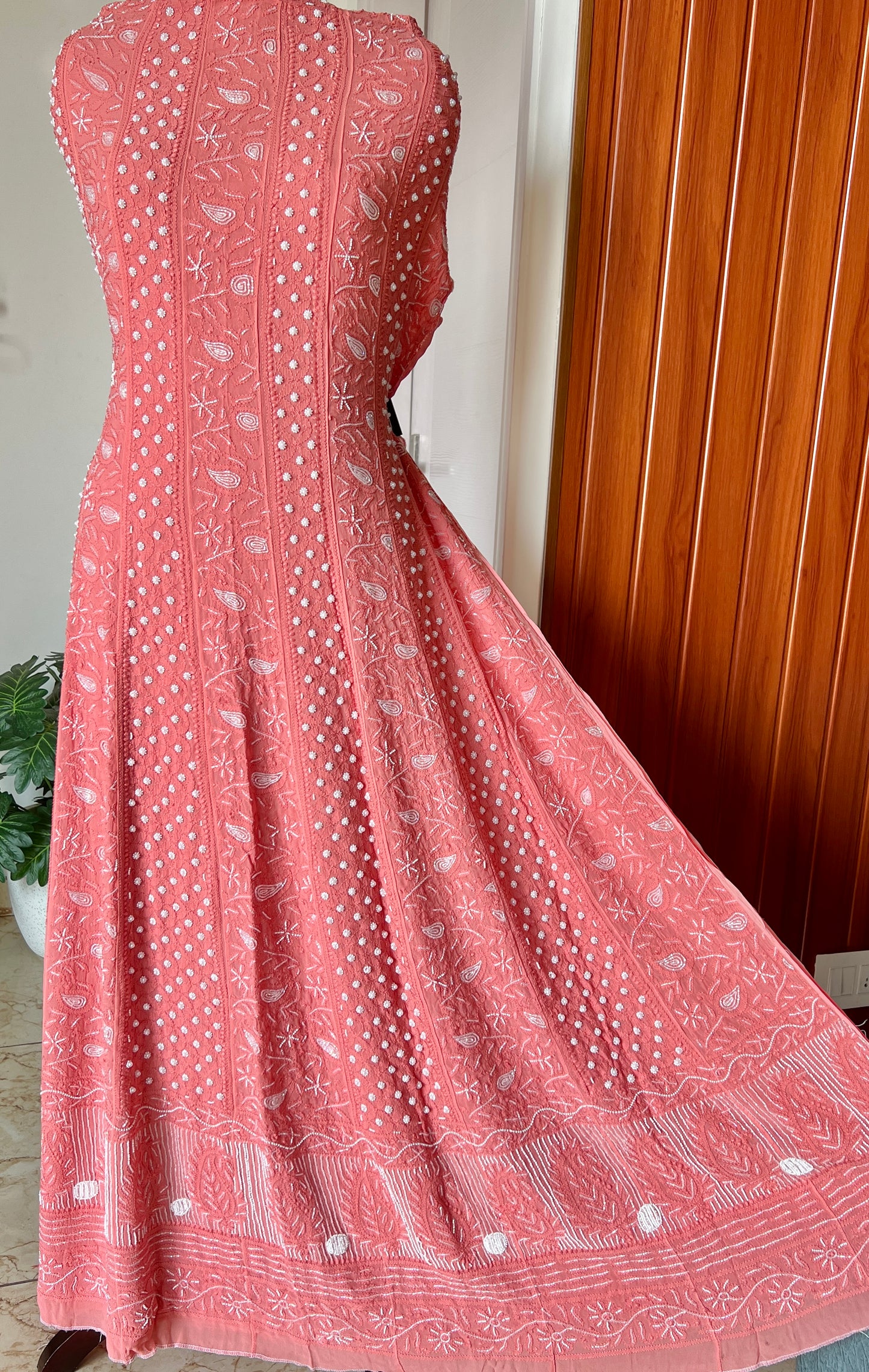 Coral peach Chikankari Cut Dana pearl Anarkali