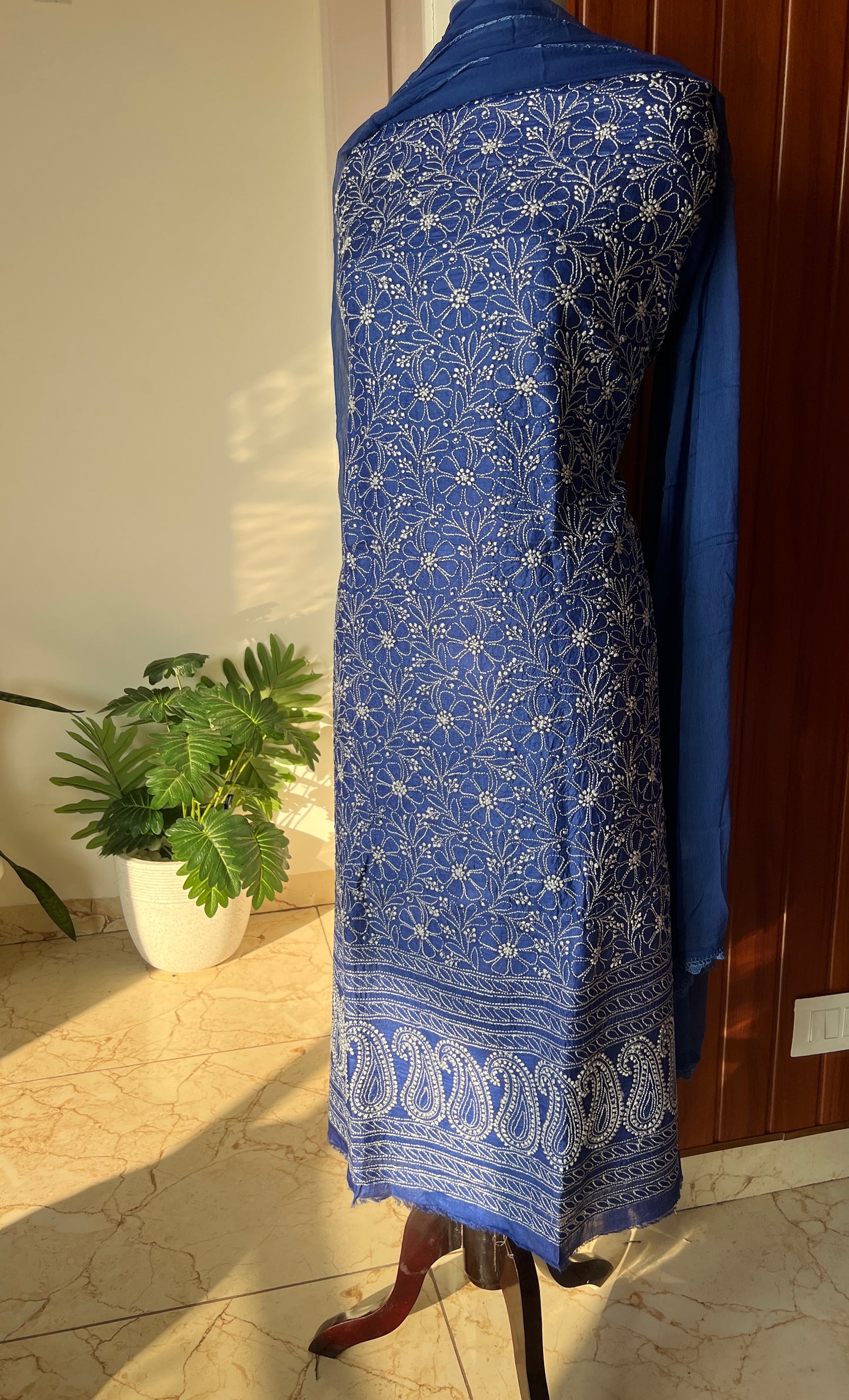 Tussar silk Chikankari embroidered kurta with chiffon dupatta