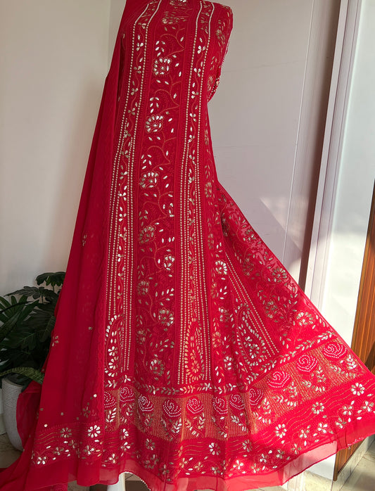 Red Chikankari pearl and Gota Patti Anarkali