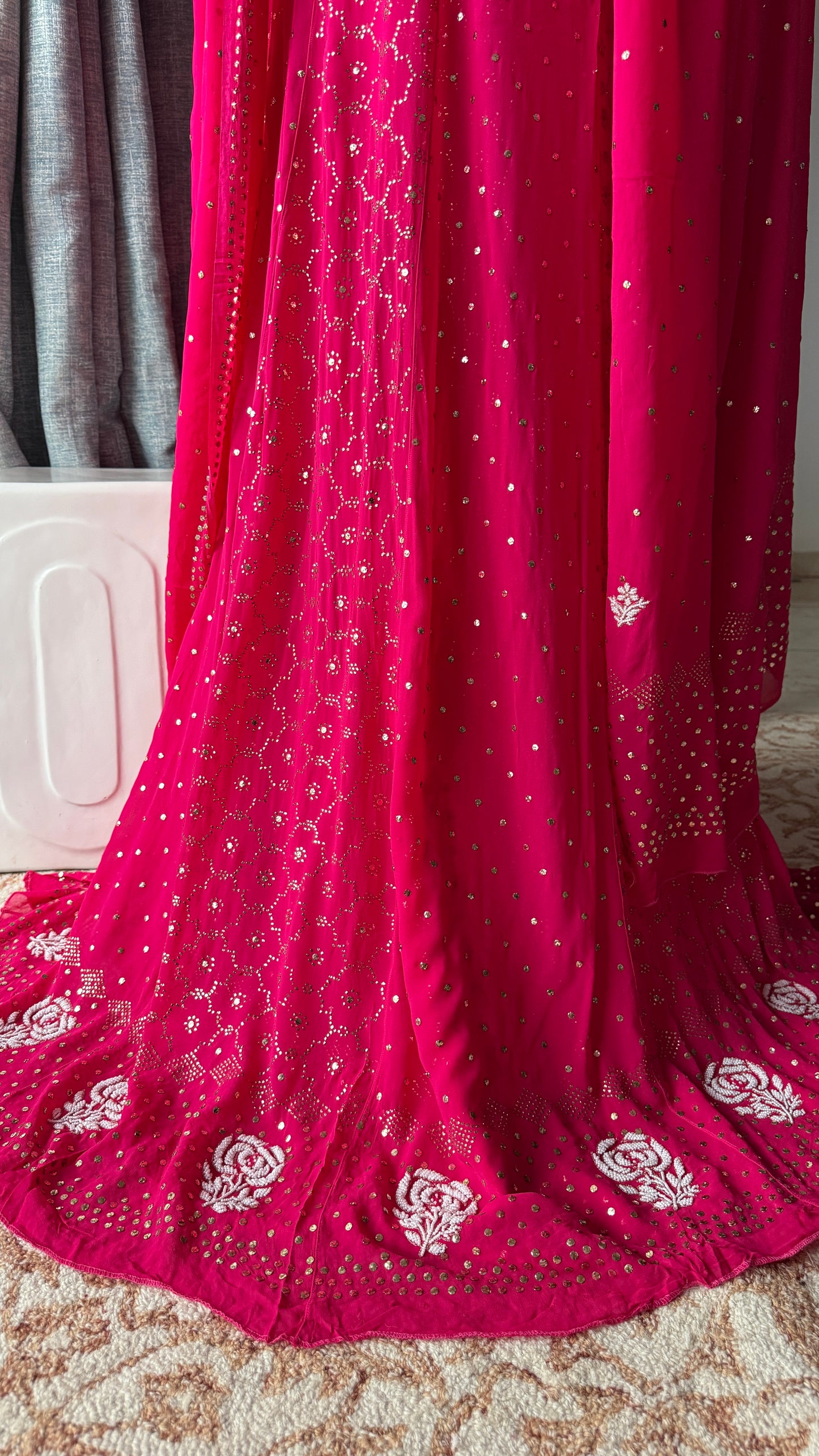 Fuschia pink Allover Mukaish and pearl Lehenga Set