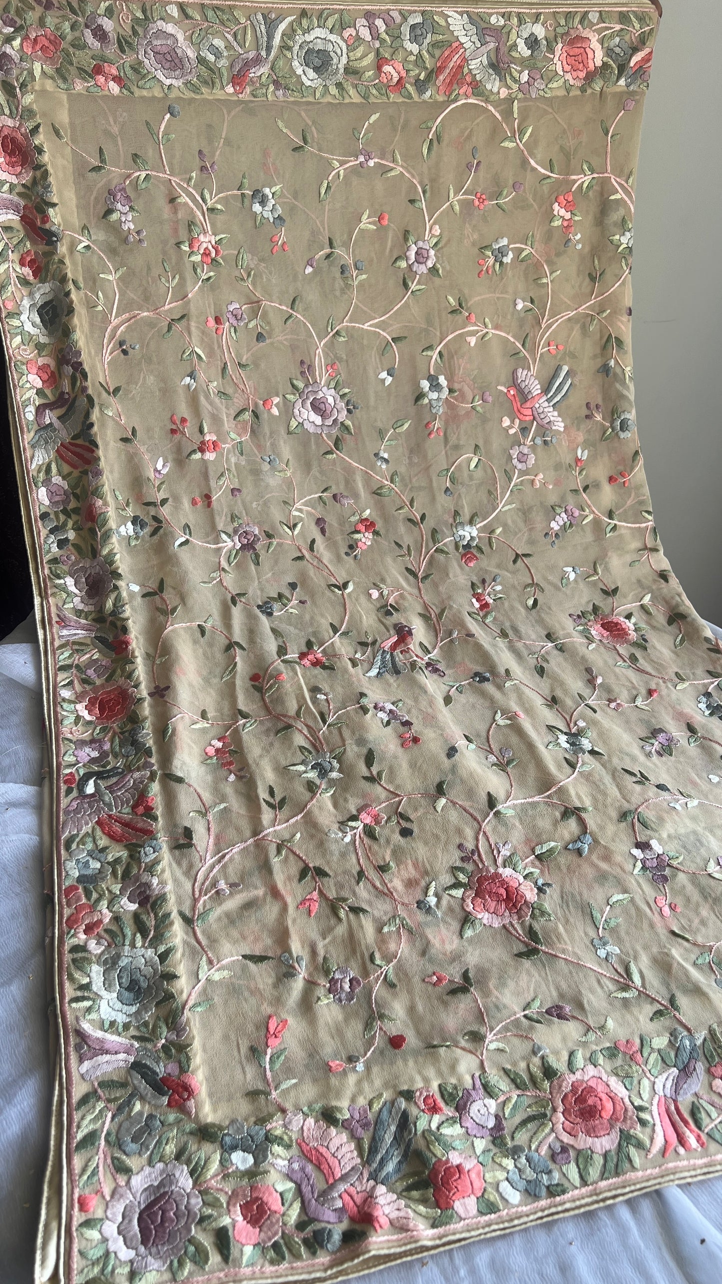 Beige Parsi Gara Hand Embroidered Dupatta