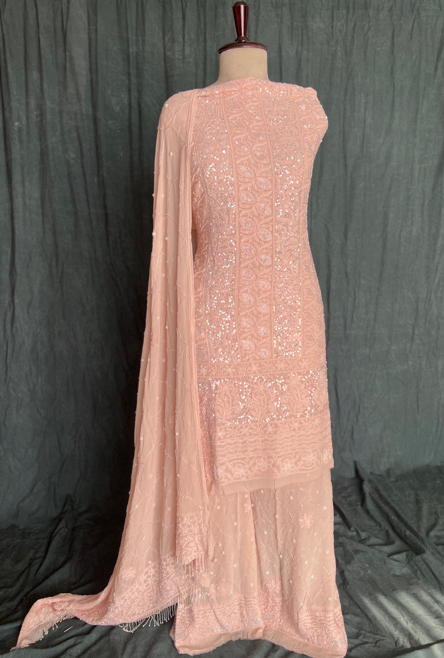 Blush peach Chikankari cut dana and sequins work full suit