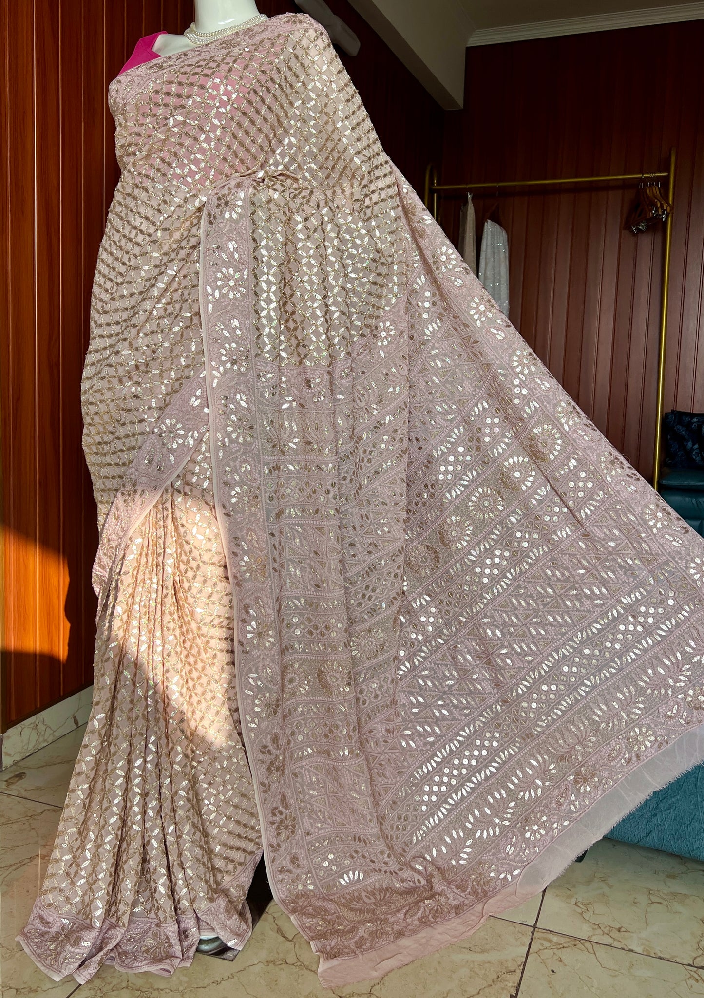 Ruhani Dusty Pink Chikankari and Gota Patti Saree