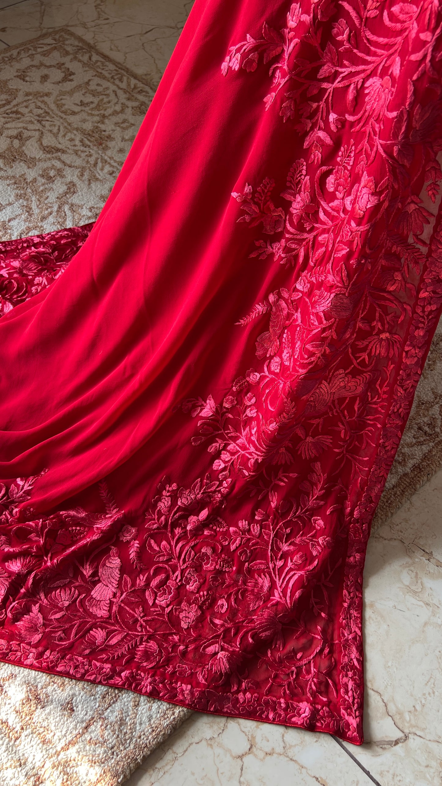 Roja Red pure georgette saree with parsi gara hand embroidery