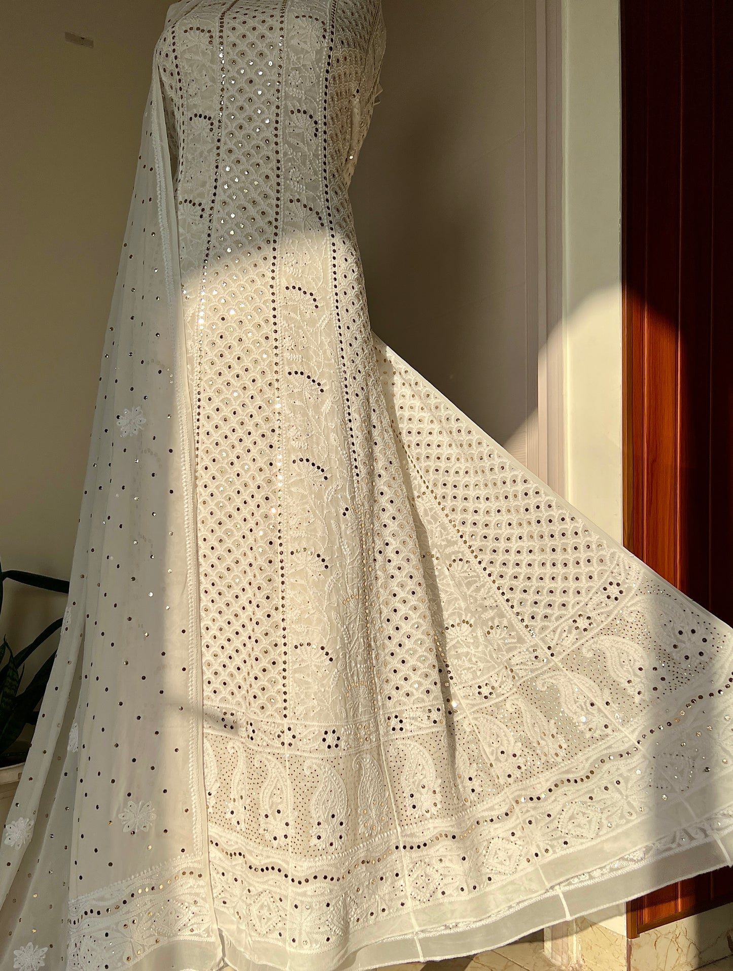 White allover Chikankari and mukaish anarkali with dupatta