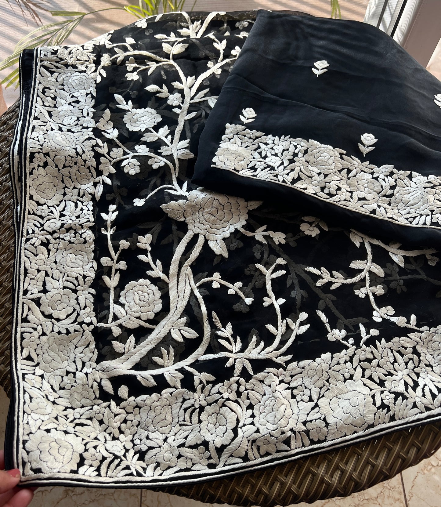 Black Masterpiece Hand Embroidered Parsi Gara jaal dupatta with kurta