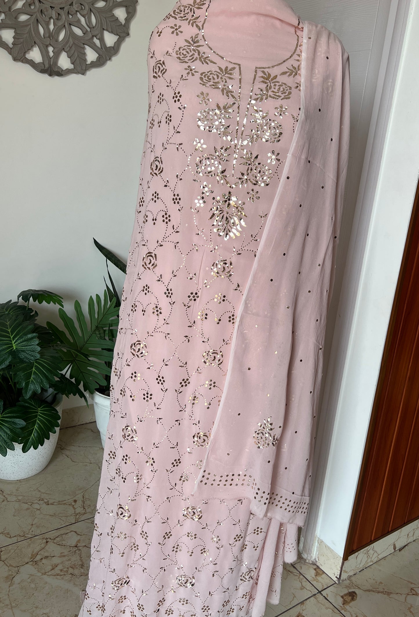 Powder Pink badla and mukaish work Kurta and Dupatta