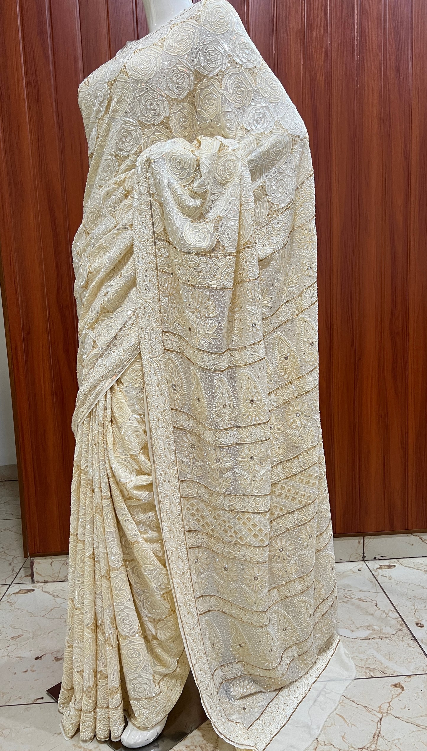 Ruhani Ivory Chikankari Sequins Cut Dana Embroidered Masterpiece Saree