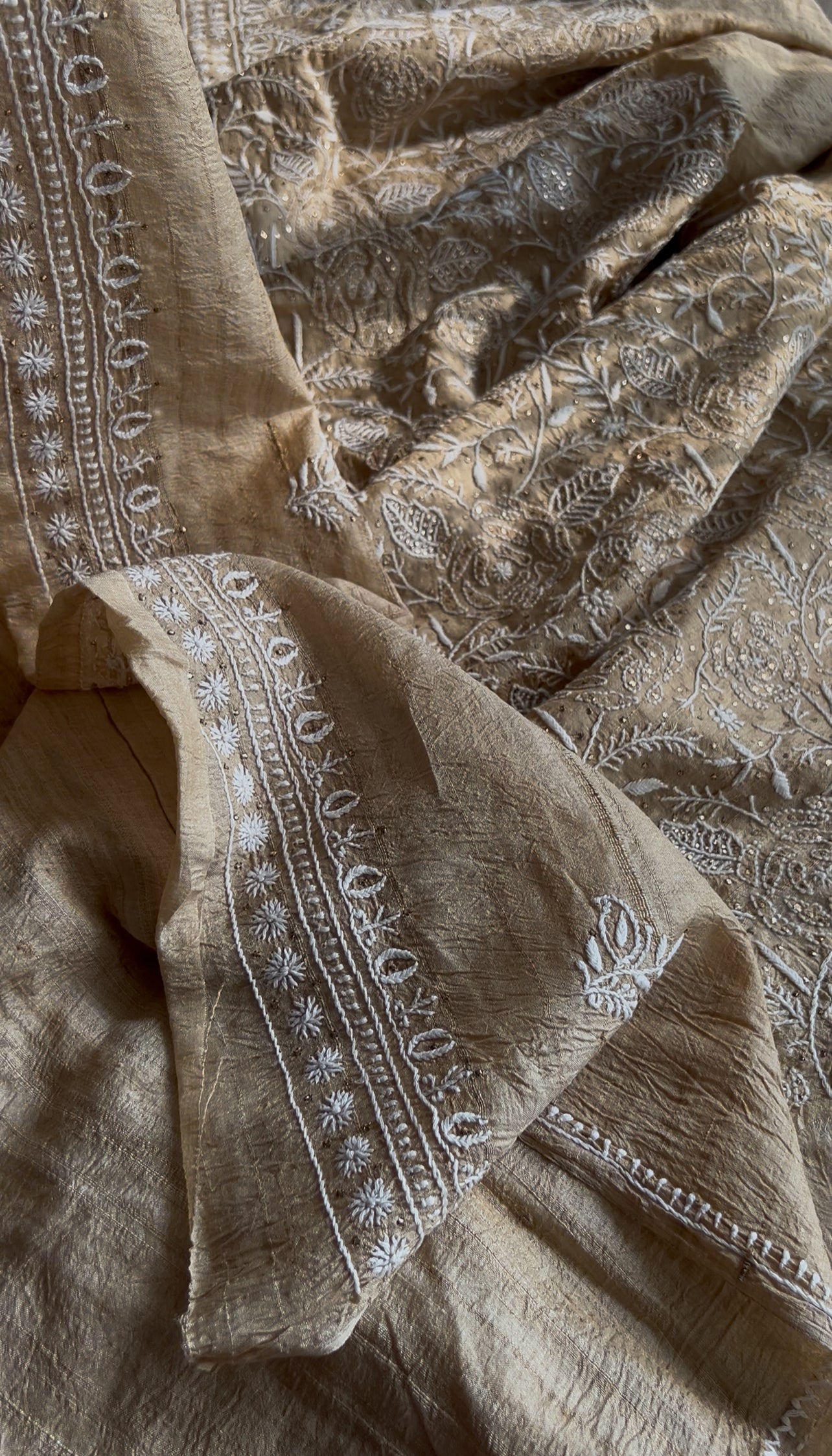 Pure Tussar silk Chikankari and mukaish embroidered kurta and dupatta