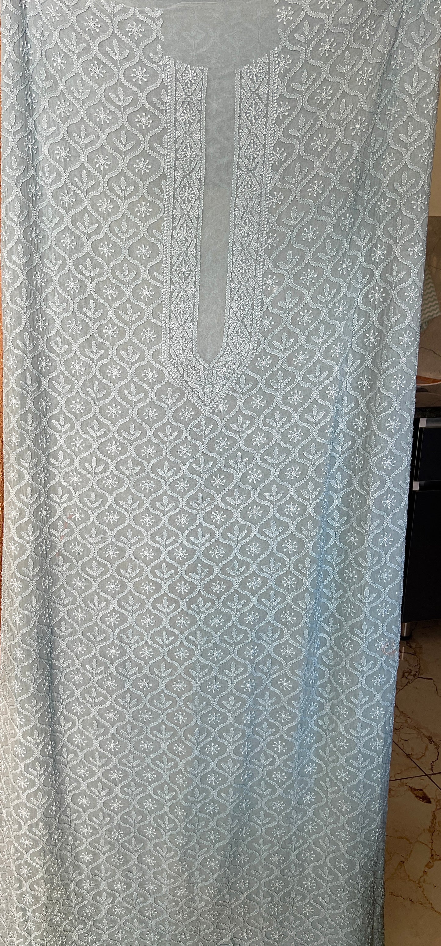 Blue Allover Chikankari Men's Kurta Fabric