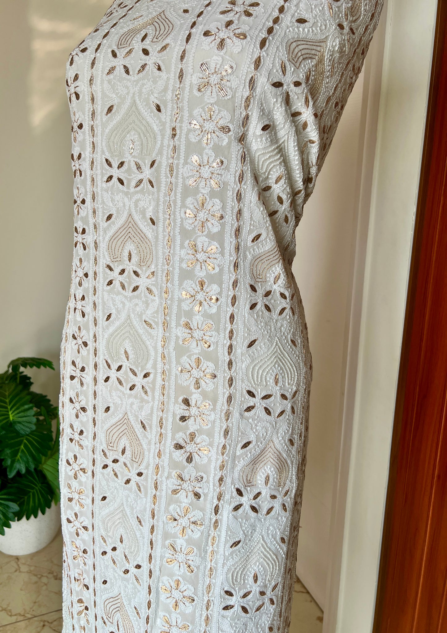 White Chikankari gota patti and pearl work kurta and Dupatta