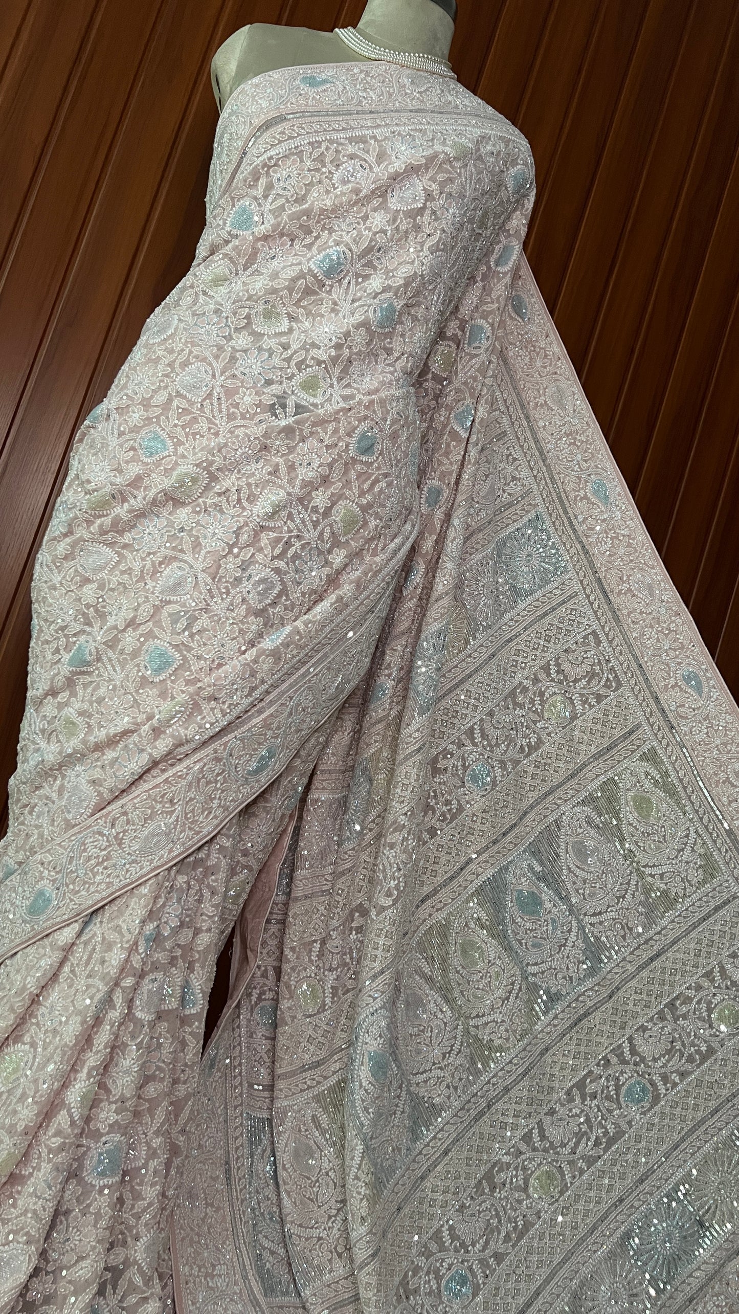 Ruhani Light Pink Chikankari Multi Cut Dana and Sequins Saree