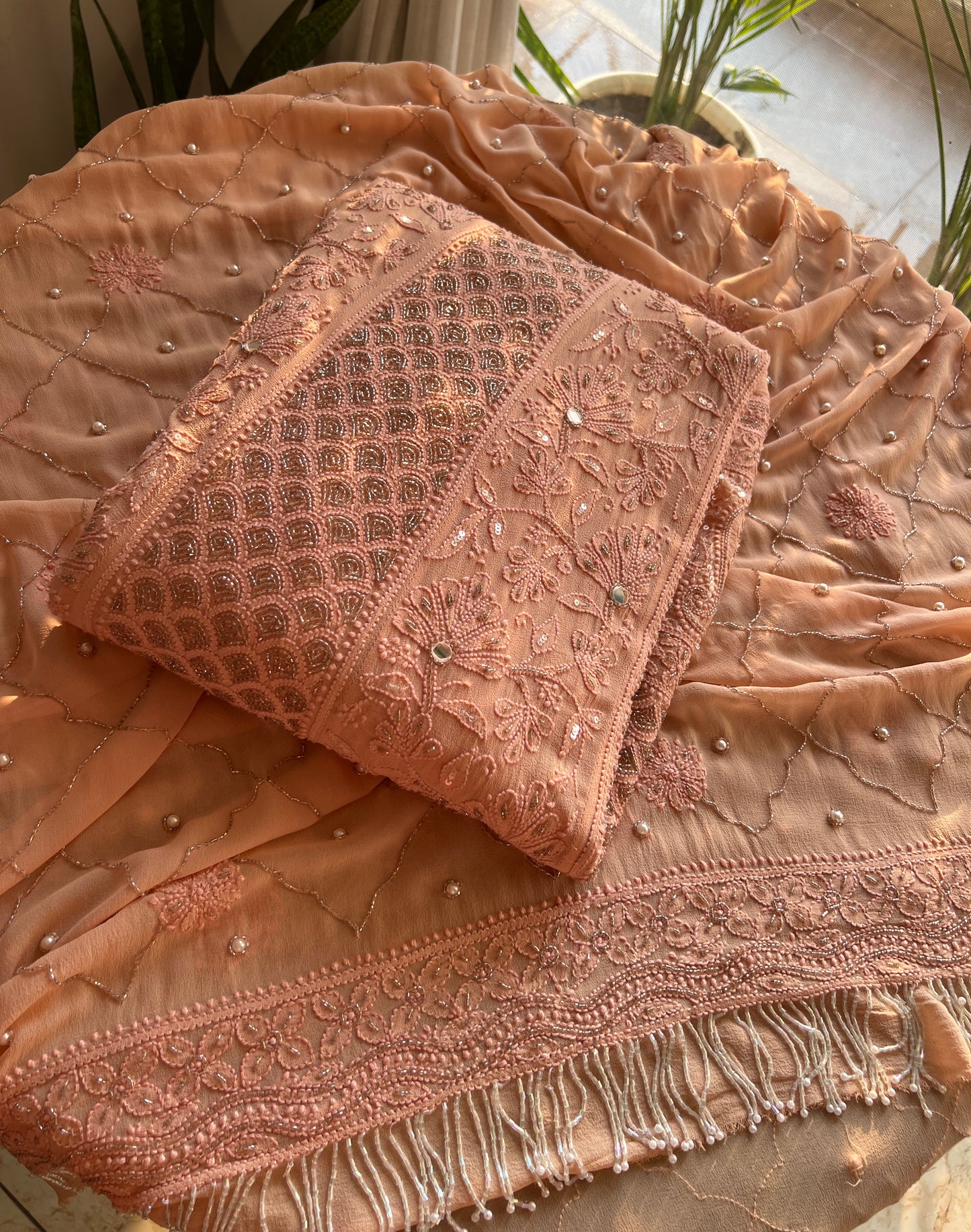 Ruhani Old Rose Chikankari Sequins and Cut Dana Anarkali