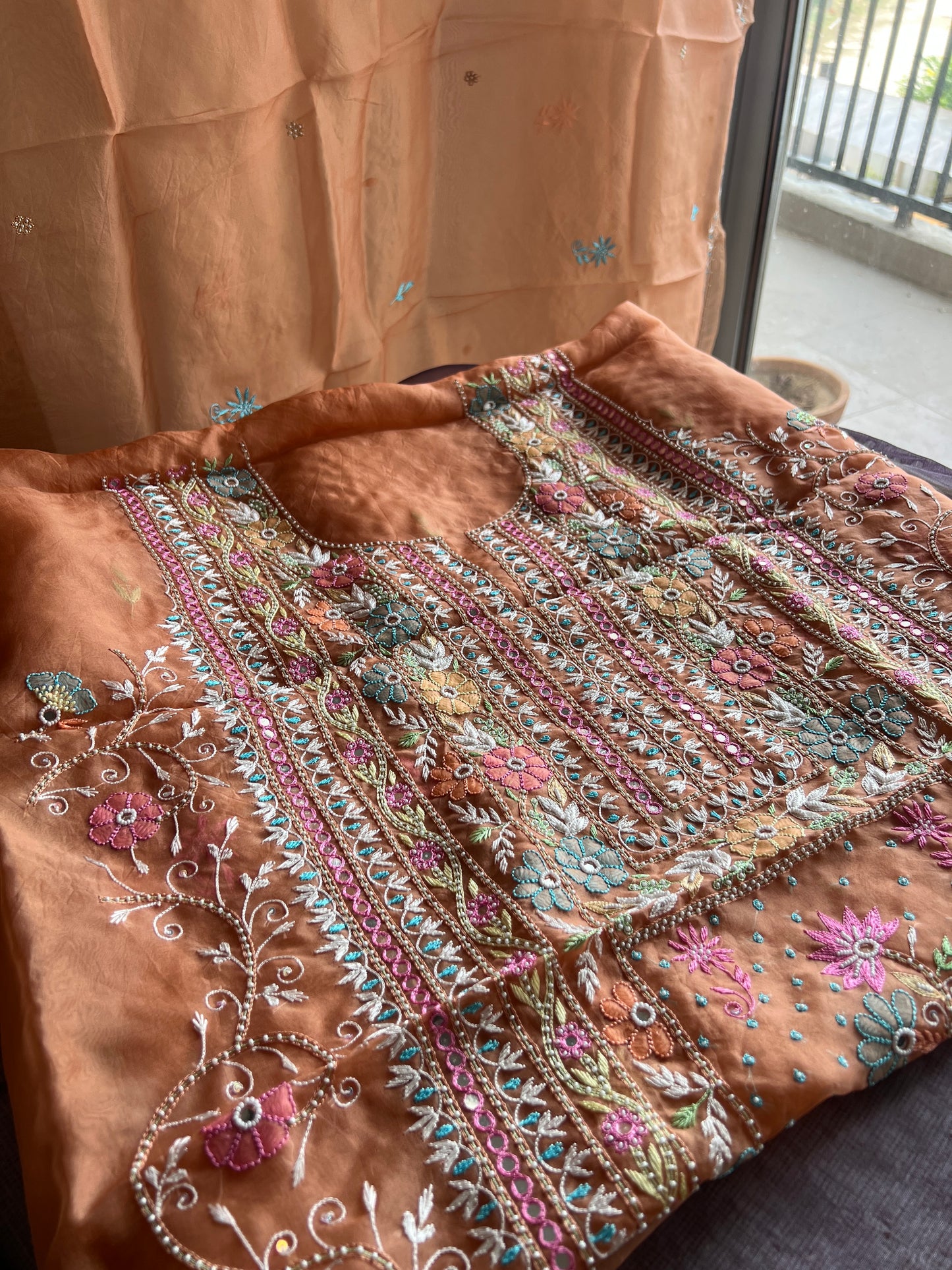 Ruhani Orange fine Chikankari pure Organza kurta with dupatta