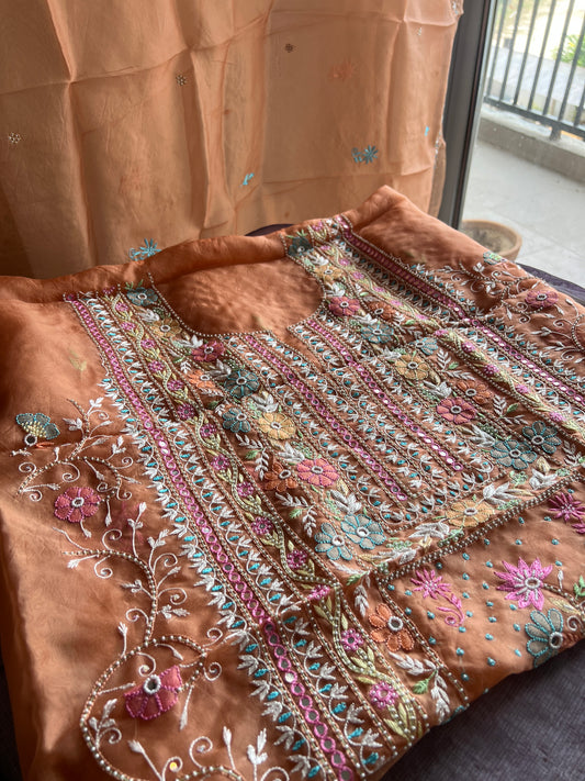 Ruhani Orange fine Chikankari pure Organza kurta with dupatta