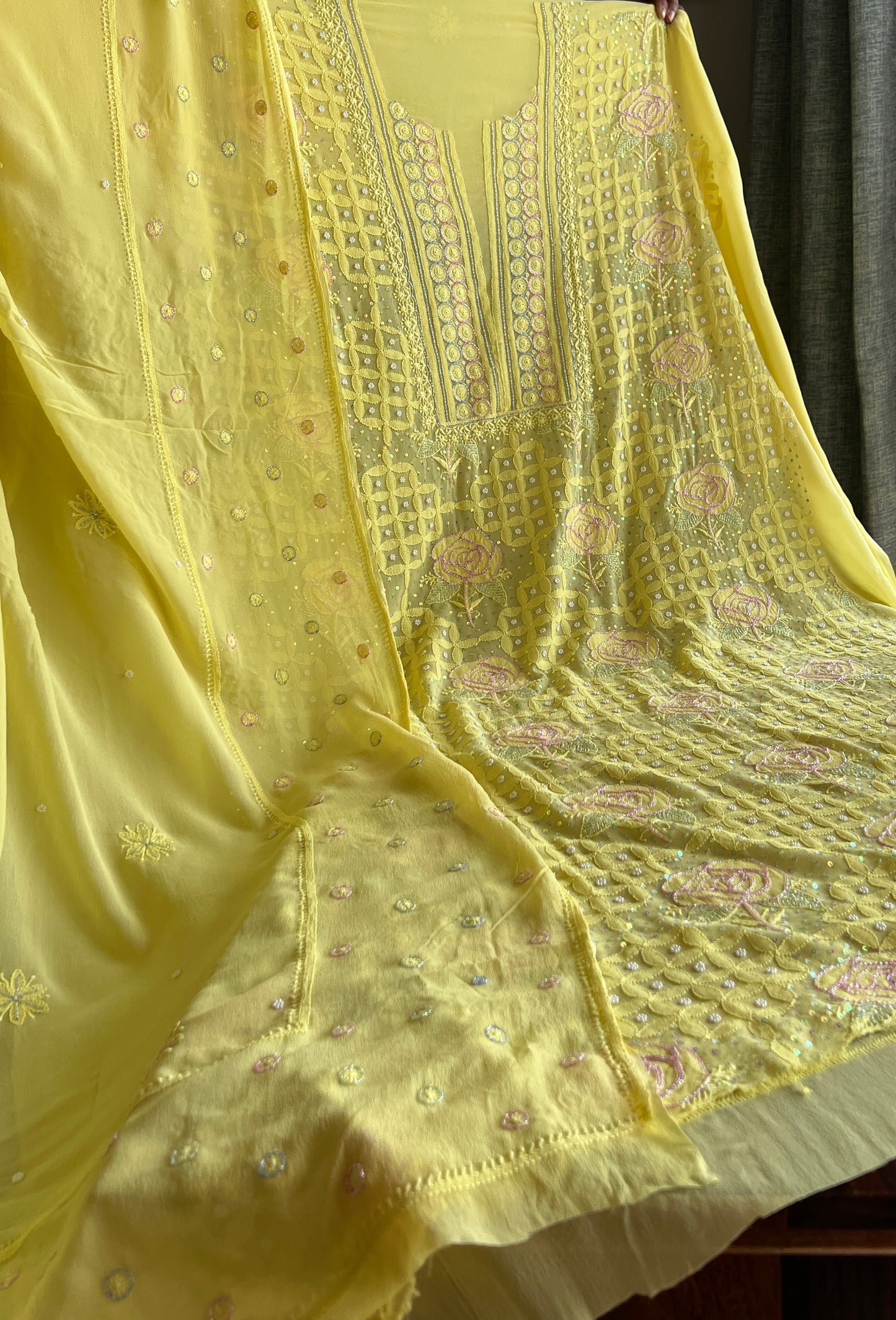 Ruhani Bright Yellow Chikankari pearl cut dana Kurta and Dupatta