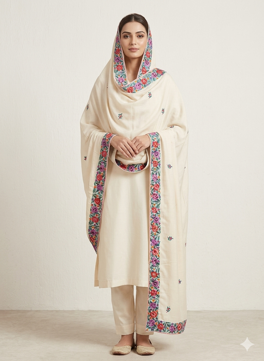 Cream Pure Crepe Dupatta With multicolored Parsi Gara Hand Embroidery