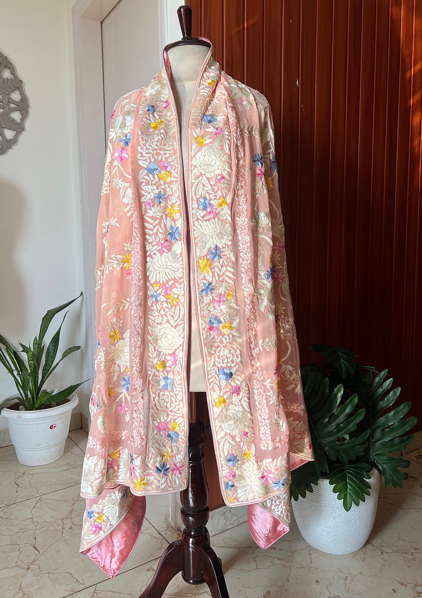 Blush Peach masterpiece Parsi Gara Dupatta Hand Embroidered