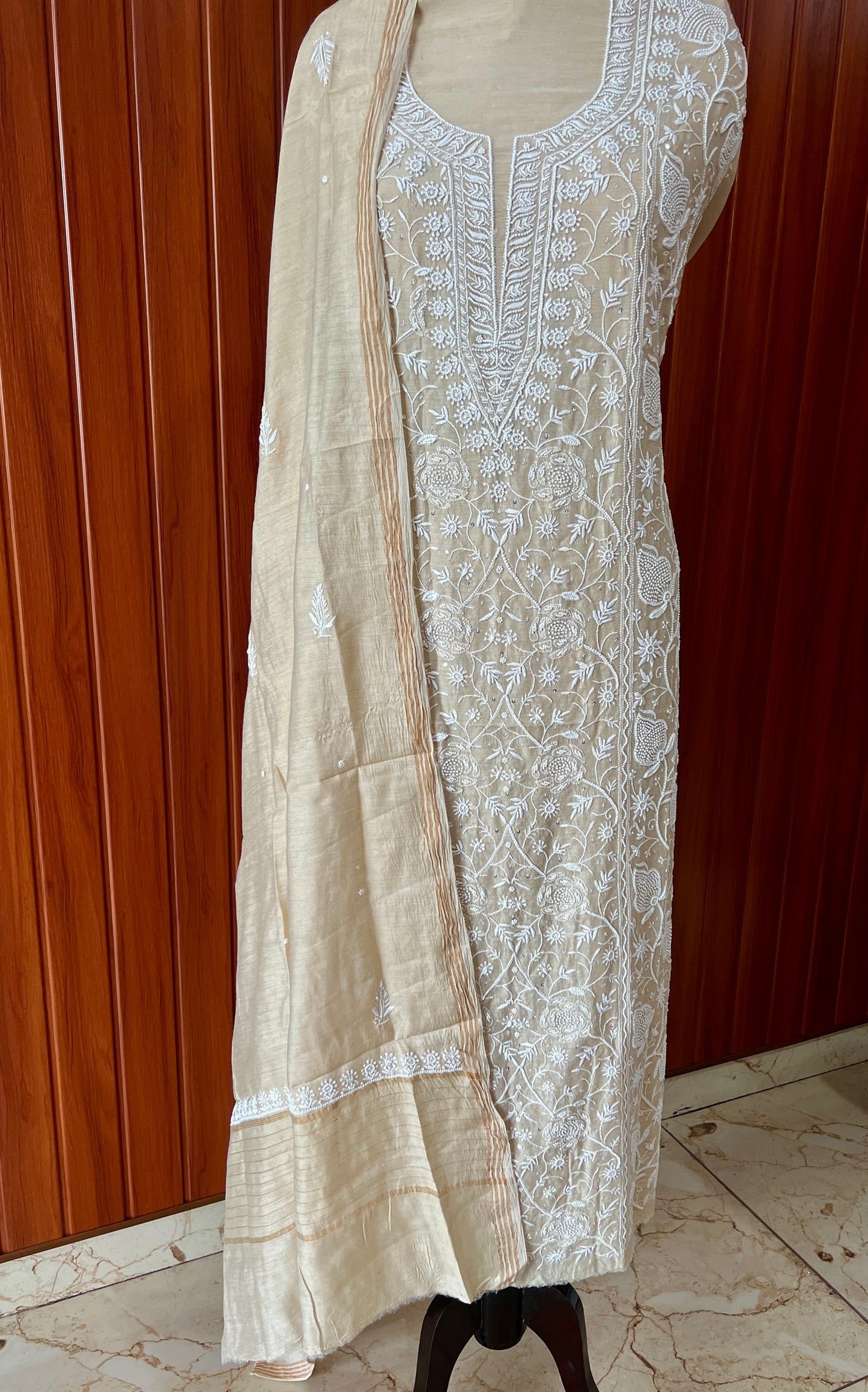 Munga silk Chikankari and pearl embroidered kurta and dupatta