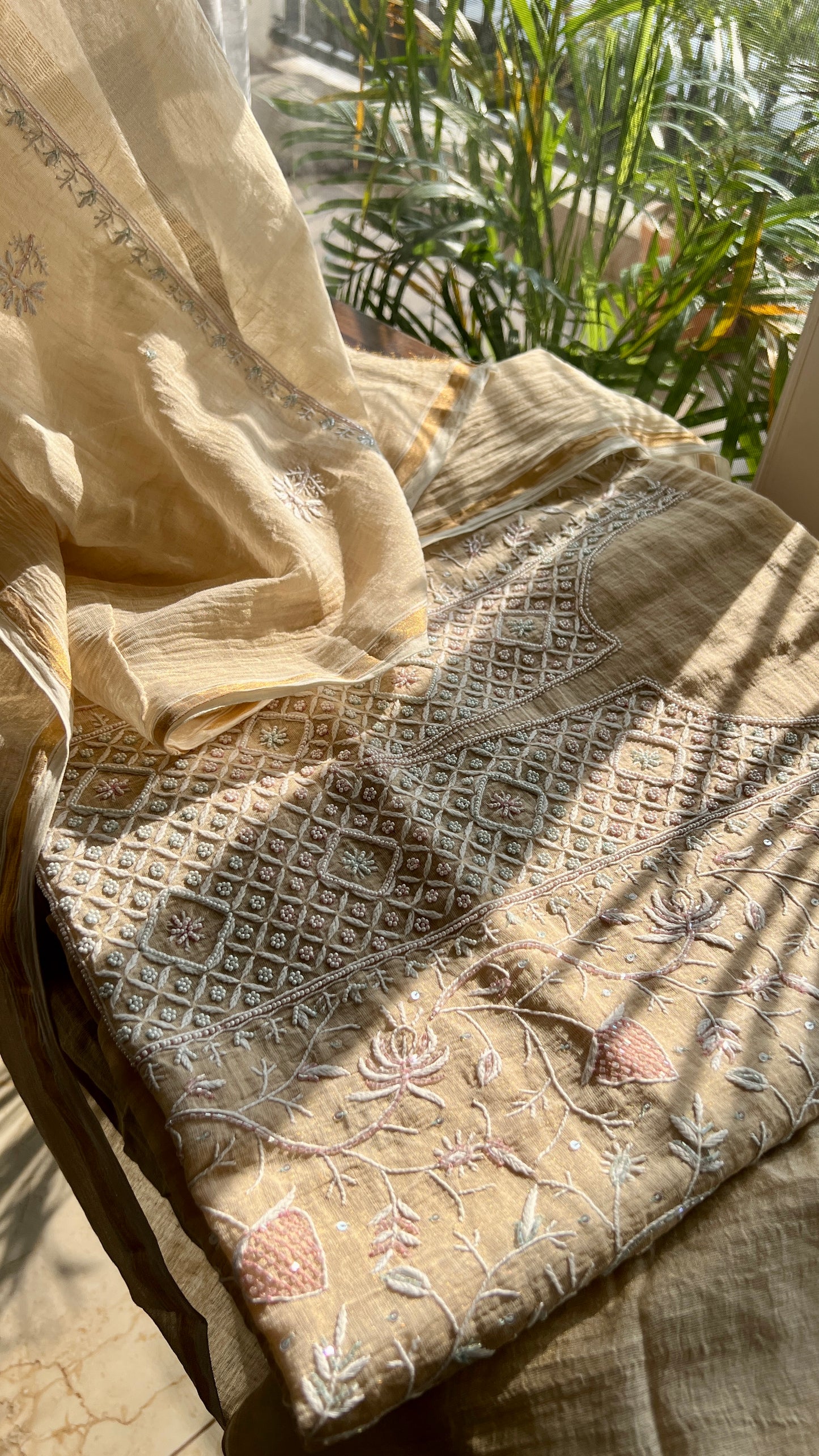 Pure Tissue Chikankari cut Dana and pearl embroidered kurta and dupatta