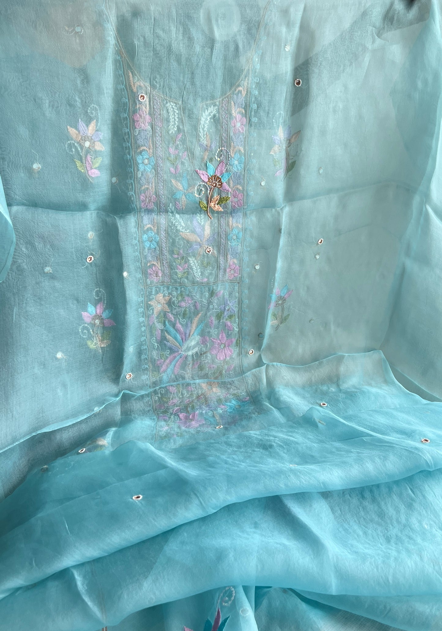 Firozi Resham Chikankari pure Organza kurta with dupatta