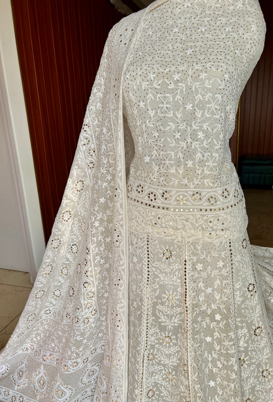 Ruhani fine Chikankari and intricate Mukaish Lehenga Set